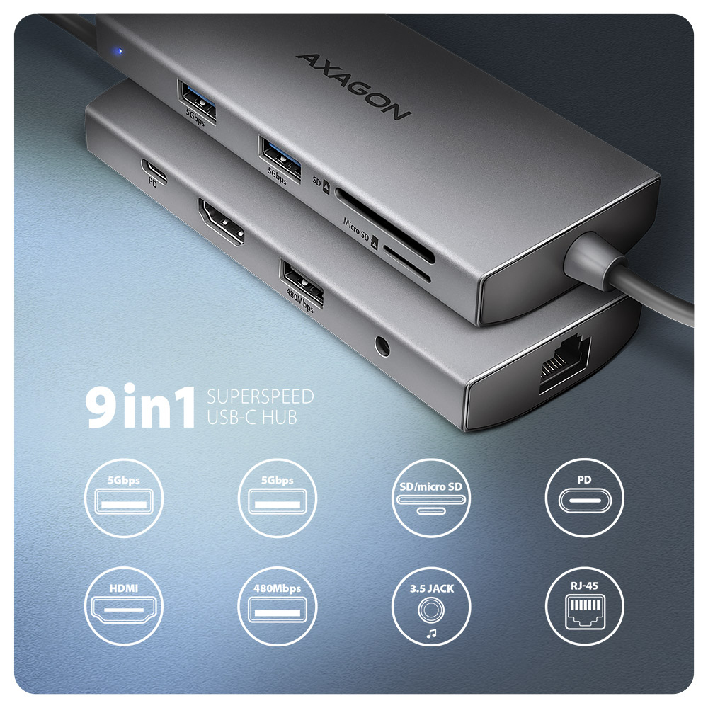 AXAGON HMC-8HLSA USB-C 3.2 Gen 1 Multiport-Hub 3x USB-A+ 4K/60Hz HDMI+ SD/microSD