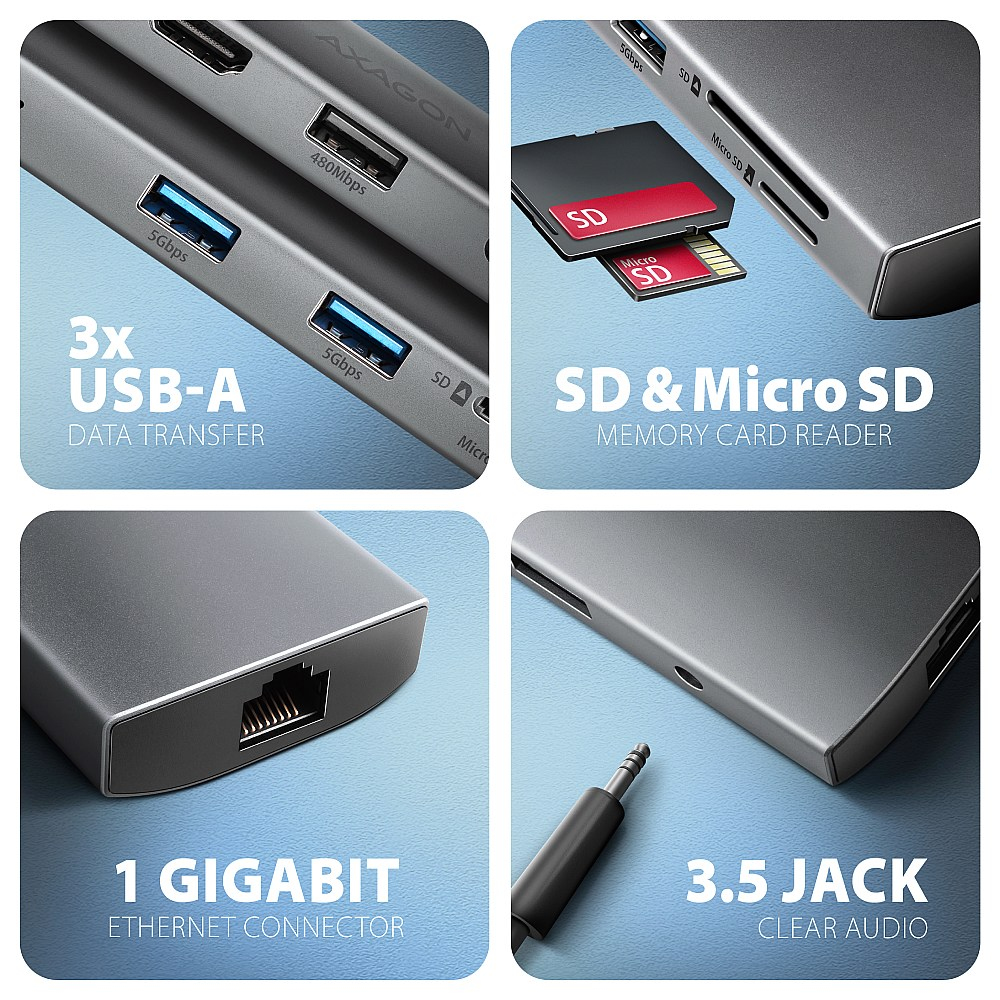 AXAGON HMC-8HLSA USB-C 3.2 Gen 1 Multiport-Hub 3x USB-A+ 4K/60Hz HDMI+ SD/microSD