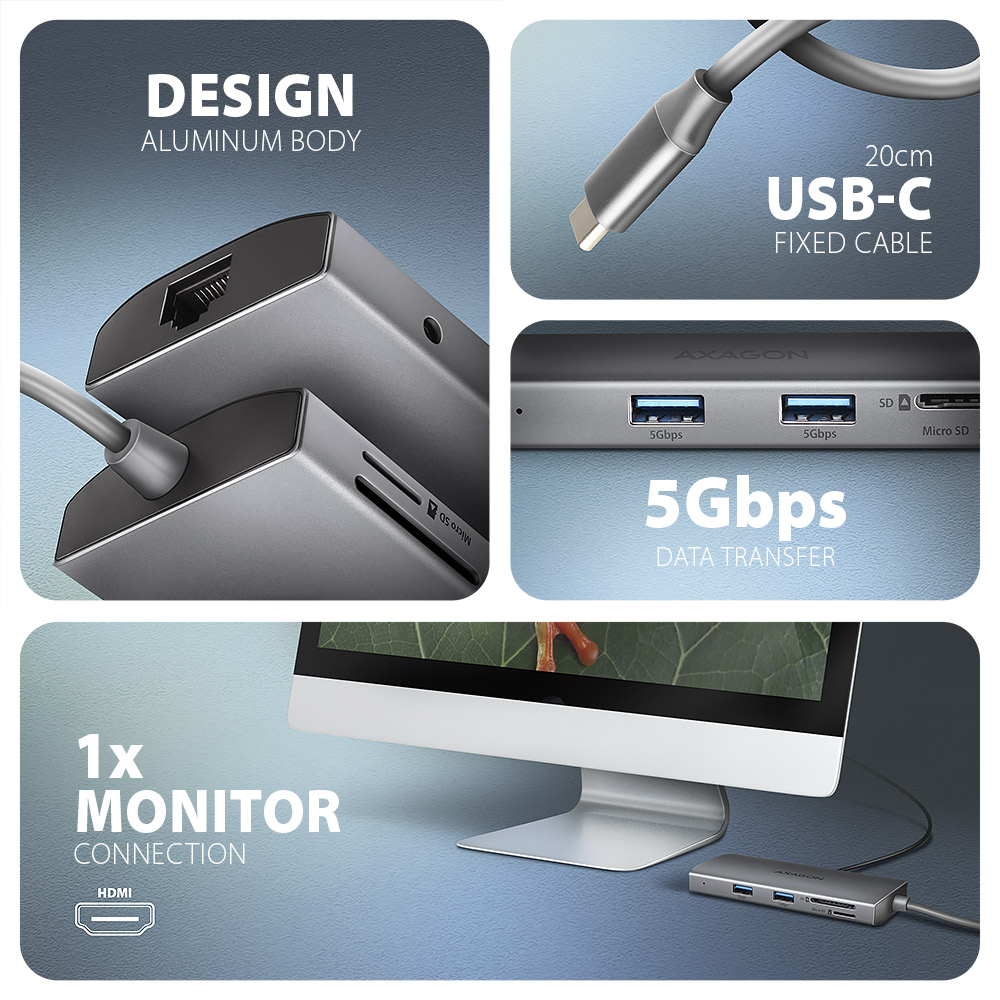 AXAGON HMC-8HLSA USB-C 3.2 Gen 1 Multiport-Hub 3x USB-A+ 4K/60Hz HDMI+ SD/microSD