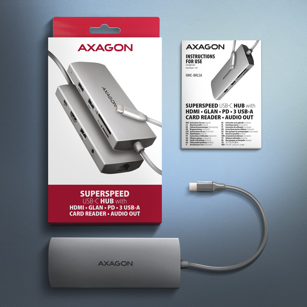 AXAGON HMC-8HLSA USB-C 3.2 Gen 1 Multiport-Hub 3x USB-A+ 4K/60Hz HDMI+ SD/microSD