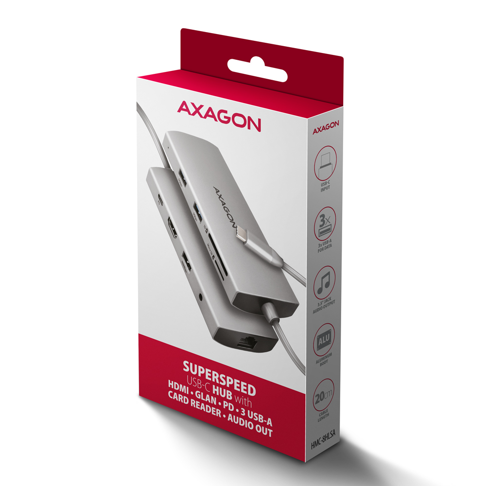 AXAGON HMC-8HLSA USB-C 3.2 Gen 1 Multiport-Hub 3x USB-A+ 4K/60Hz HDMI+ SD/microSD