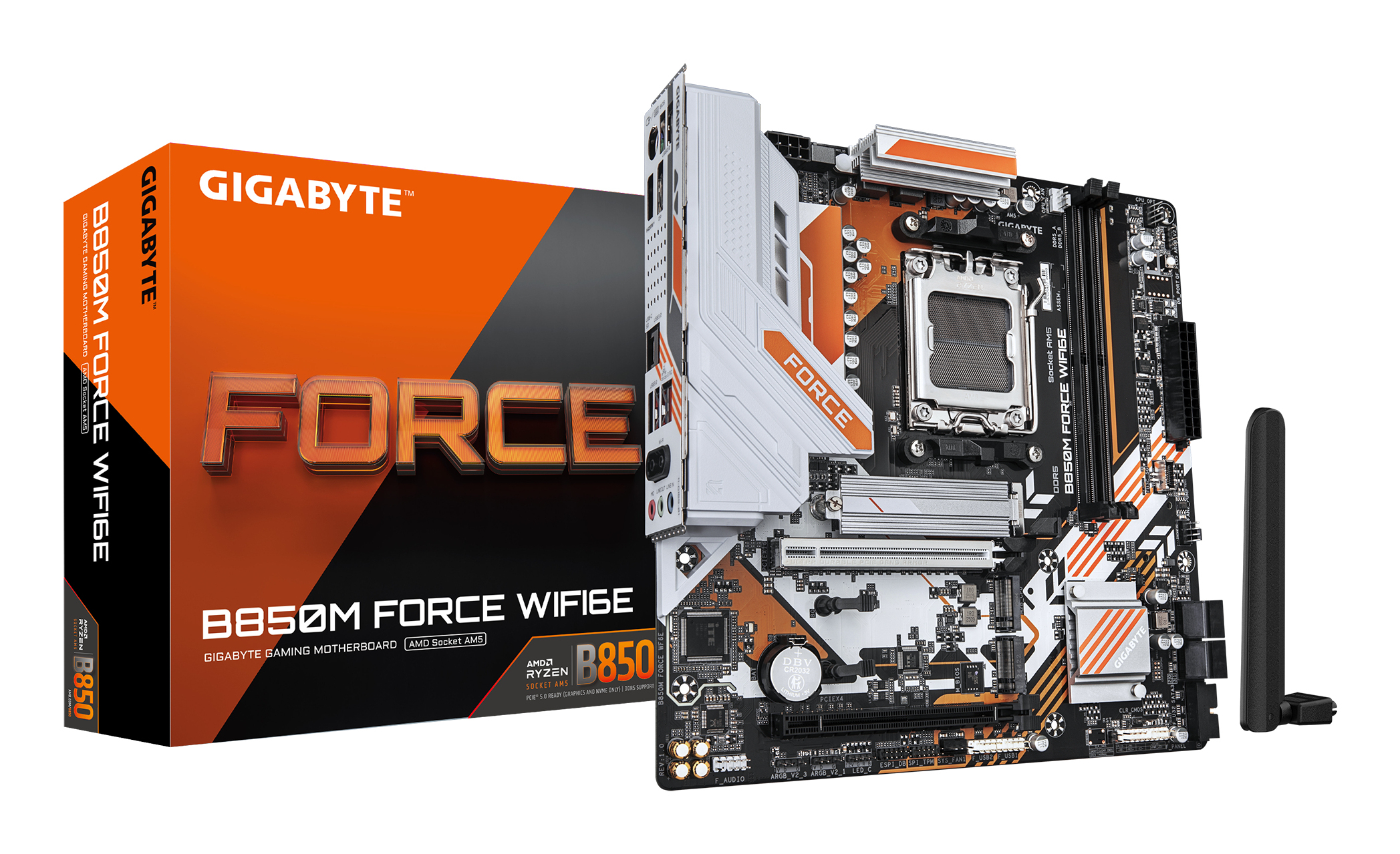 GIGABYTE B850M FORCE WIFI6E Placa Base Compatible con procesadores AMD Ryzen serie 9000, VRM digital de 8+2+2 fases, hasta 9600 MHz DDR5 (OC), 1 x M.2 PCIe 5.0 + 2 x M.2 PCIe 4.0, Wi-Fi 6E, LAN 2.5 GbE, USB 3.2 Gen 2