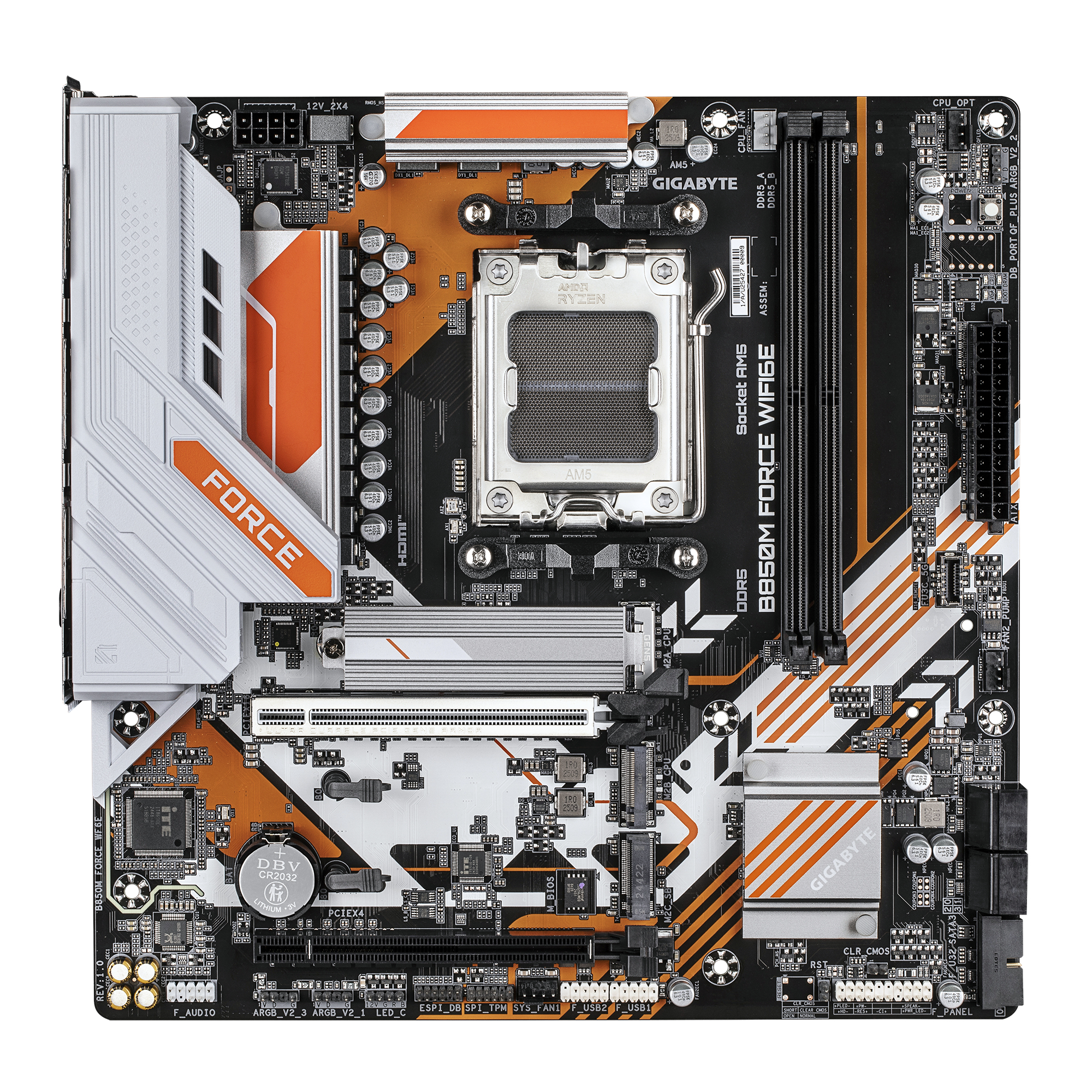 GIGABYTE B850M FORCE WIFI6E Placa Base Compatible con procesadores AMD Ryzen serie 9000, VRM digital de 8+2+2 fases, hasta 9600 MHz DDR5 (OC), 1 x M.2 PCIe 5.0 + 2 x M.2 PCIe 4.0, Wi-Fi 6E, LAN 2.5 GbE, USB 3.2 Gen 2