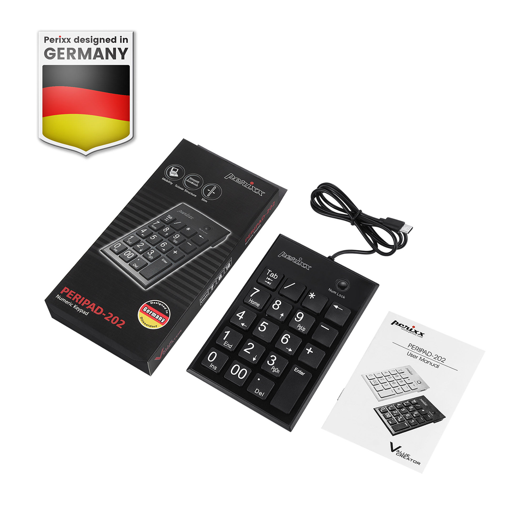 Perixx PERIPAD-202C Nummernblock kabelgebungen USB-C mit 2x USB 2.0 Hub USB-A - Touchpen - 19 Tasten