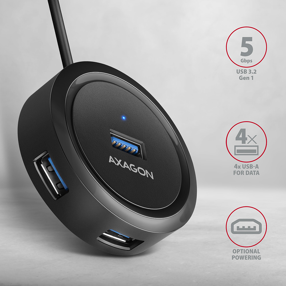 Axagon HUE-P1AL hub de interfaz USB 3.2 Gen 1 (3.1 Gen 1) Type-A 5000 Mbit/s Negro