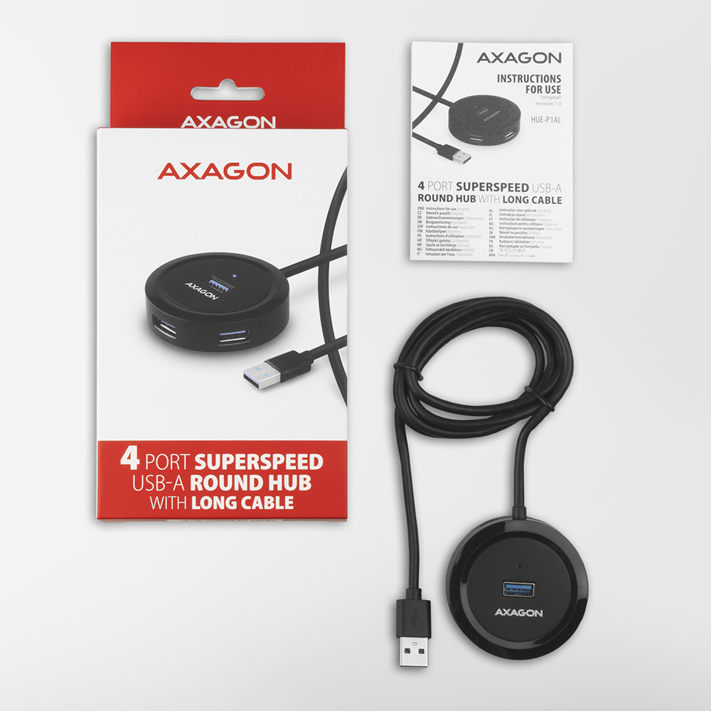 Axagon HUE-P1AL hub de interfaz USB 3.2 Gen 1 (3.1 Gen 1) Type-A 5000 Mbit/s Negro