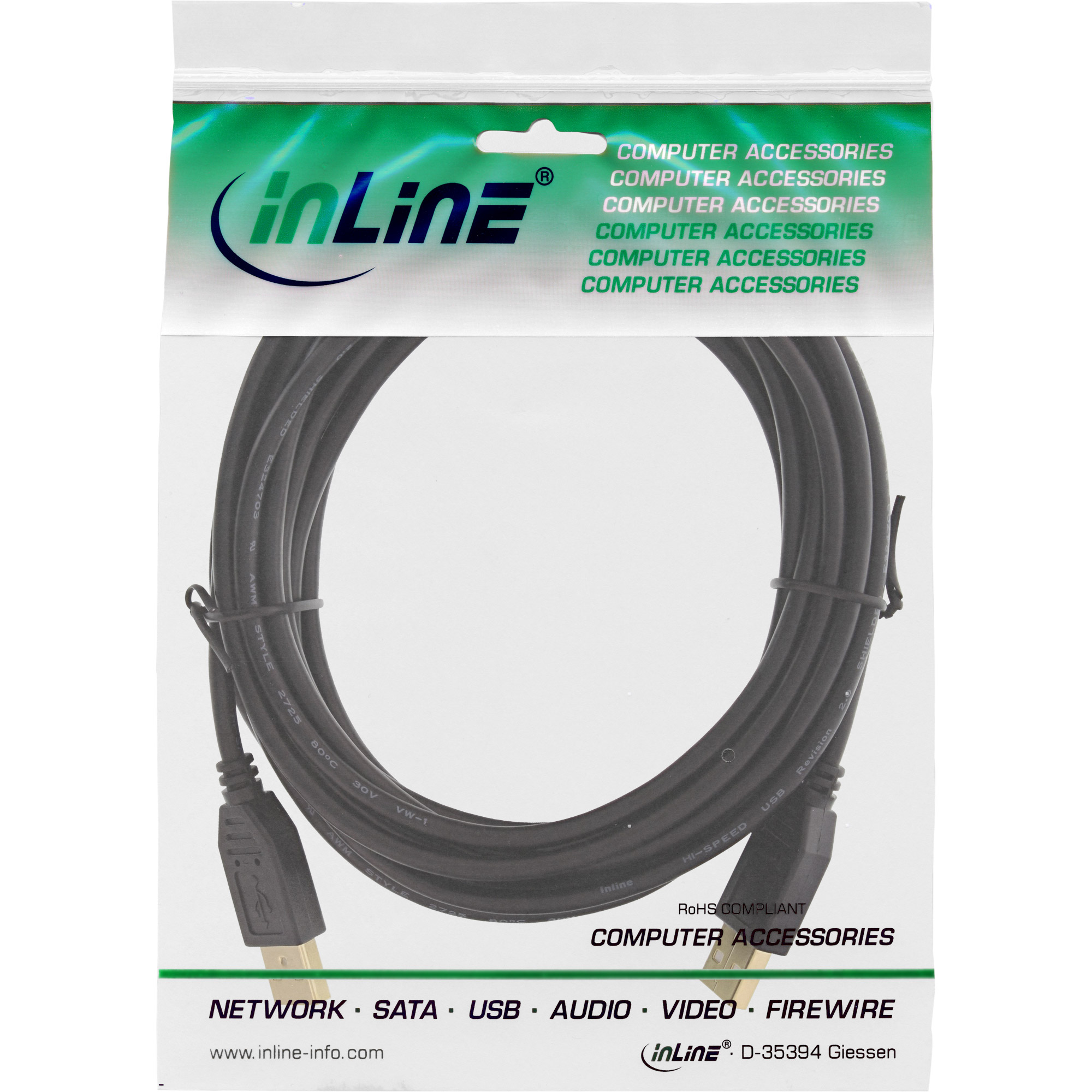 InLine USB 2.0 cable, AM/AM, black, gold plated contacts, 5m