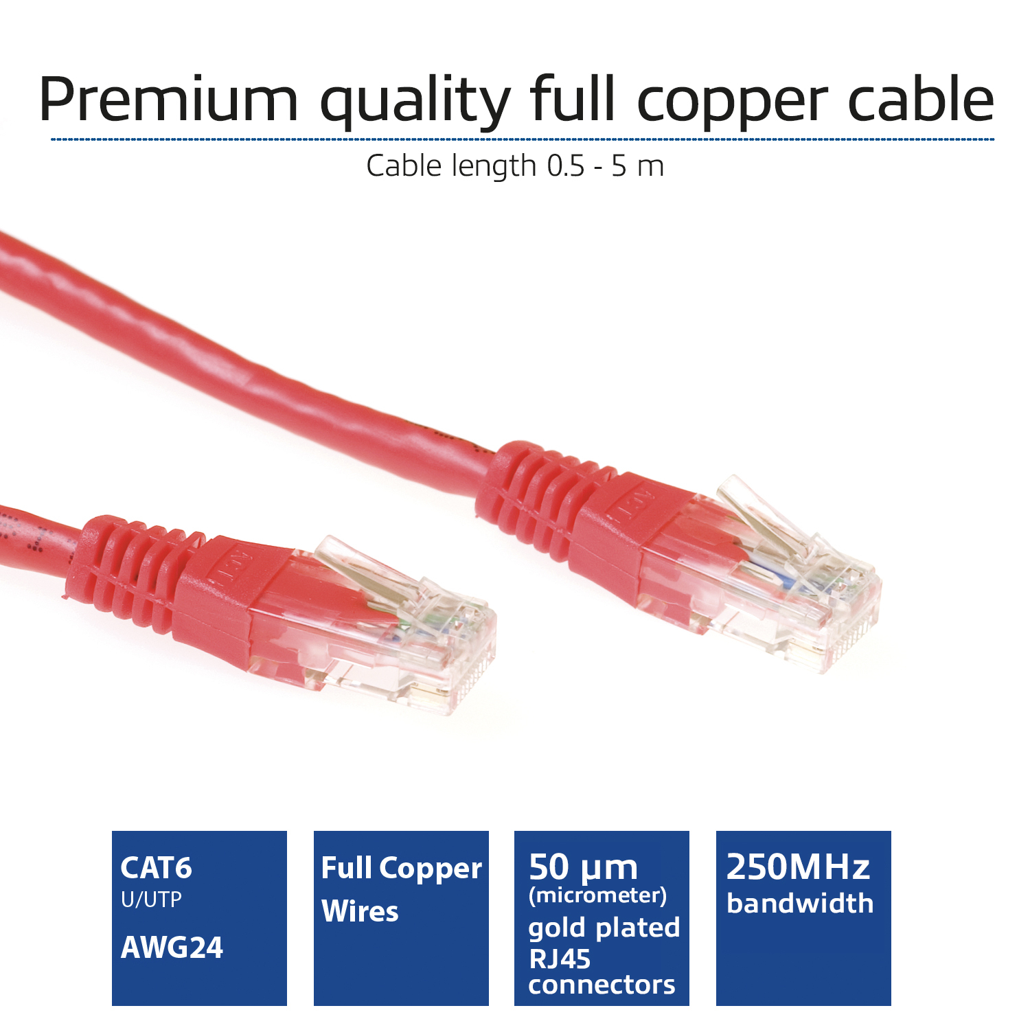 ACT Red 0.5 meter U/UTP CAT6 patch cable with RJ45 connectors