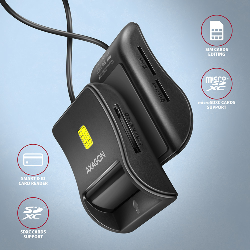Axagon CRE-SM3SD USB Smart card & SD/microSD/SIM Flat lector de tarjeta inteligente Interior USB 2.0 Negro