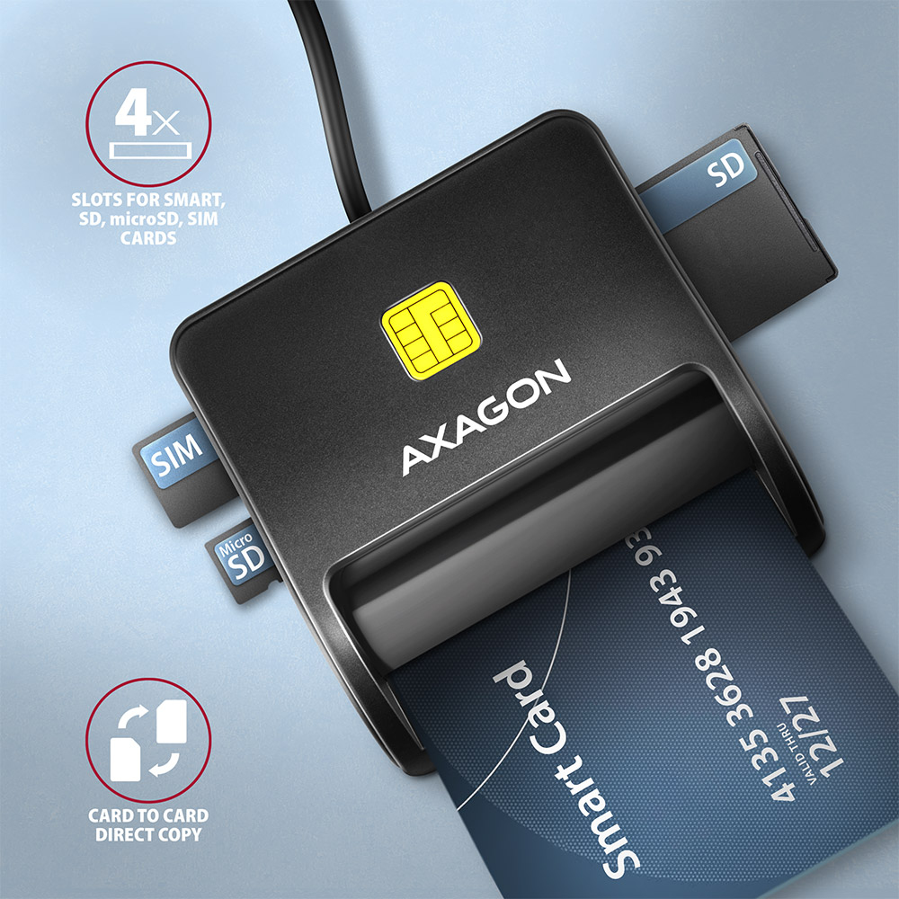 Axagon CRE-SM3SD USB Smart card & SD/microSD/SIM Flat lector de tarjeta inteligente Interior USB 2.0 Negro