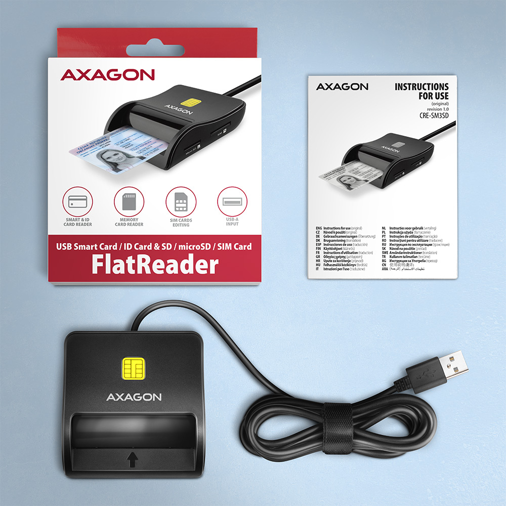 Axagon CRE-SM3SD USB Smart card & SD/microSD/SIM Flat lector de tarjeta inteligente Interior USB 2.0 Negro