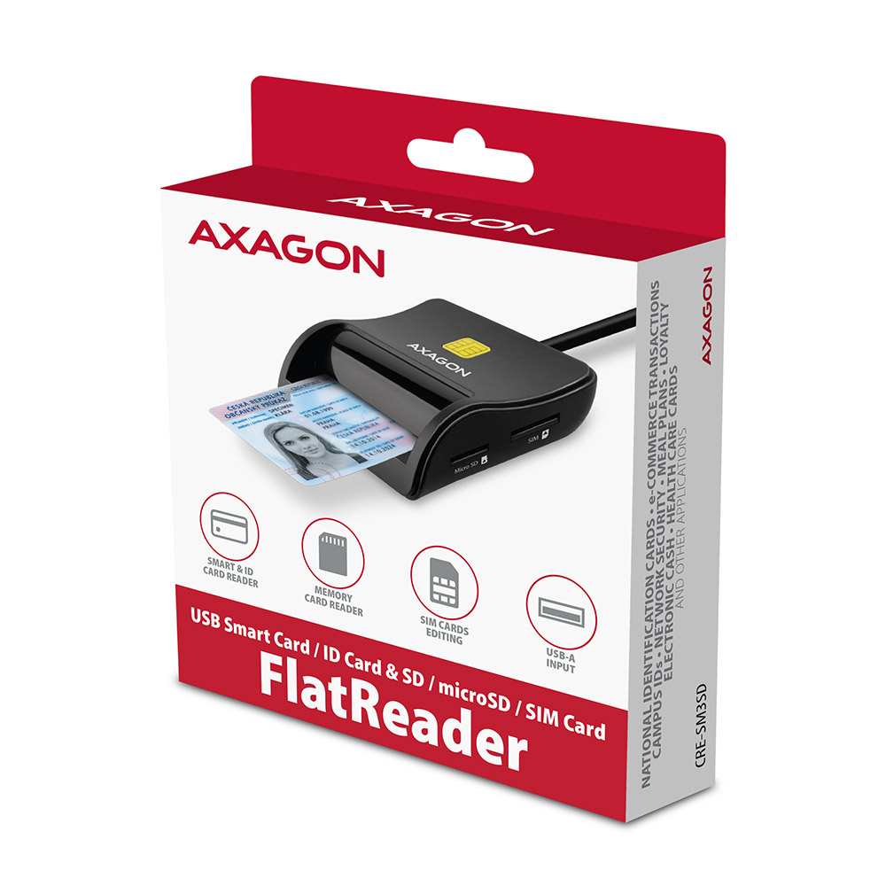 Axagon CRE-SM3SD USB Smart card & SD/microSD/SIM Flat lector de tarjeta inteligente Interior USB 2.0 Negro