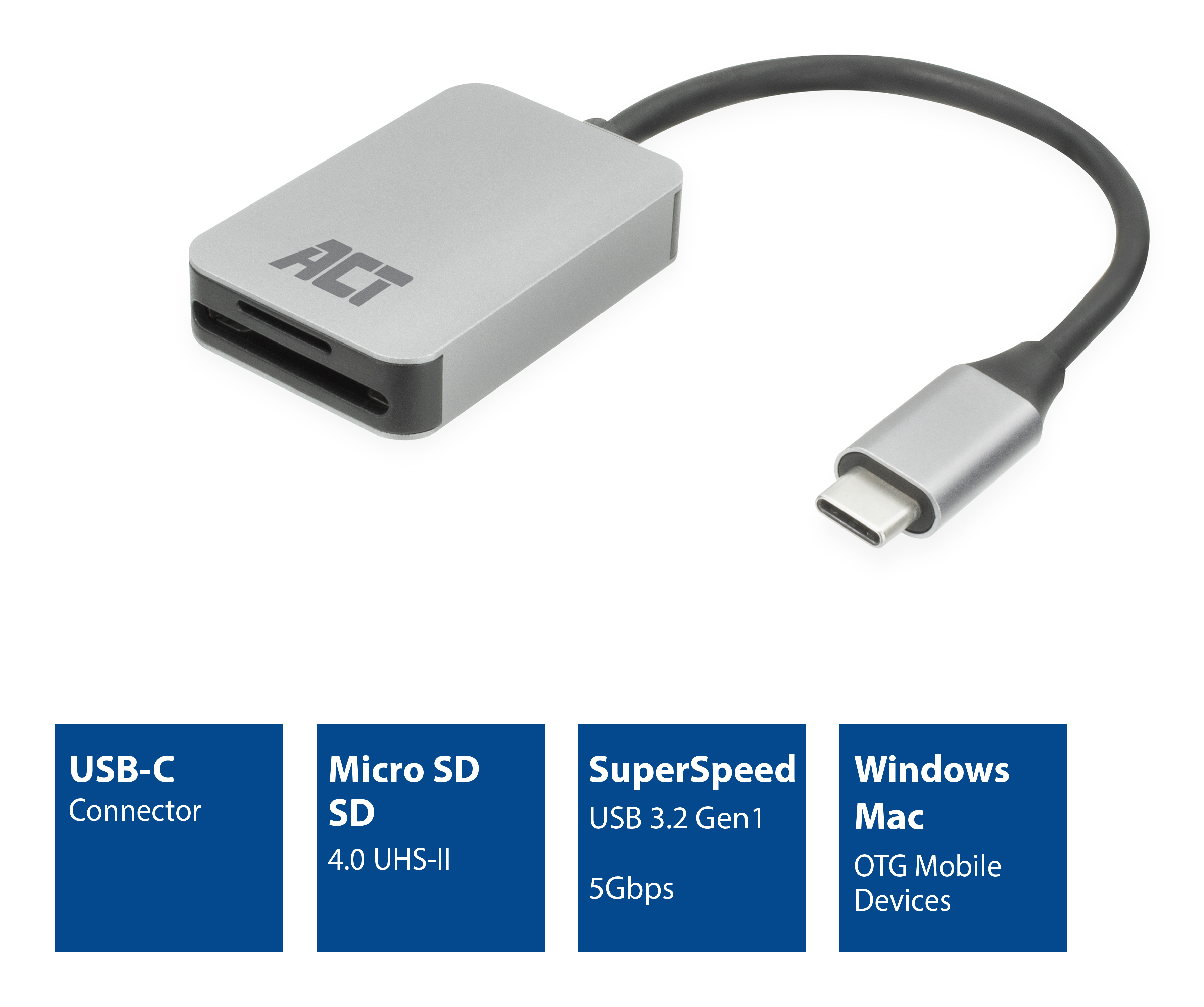 ACT USB-C card reader for SD and micro SD, SD 4.0 UHS-II