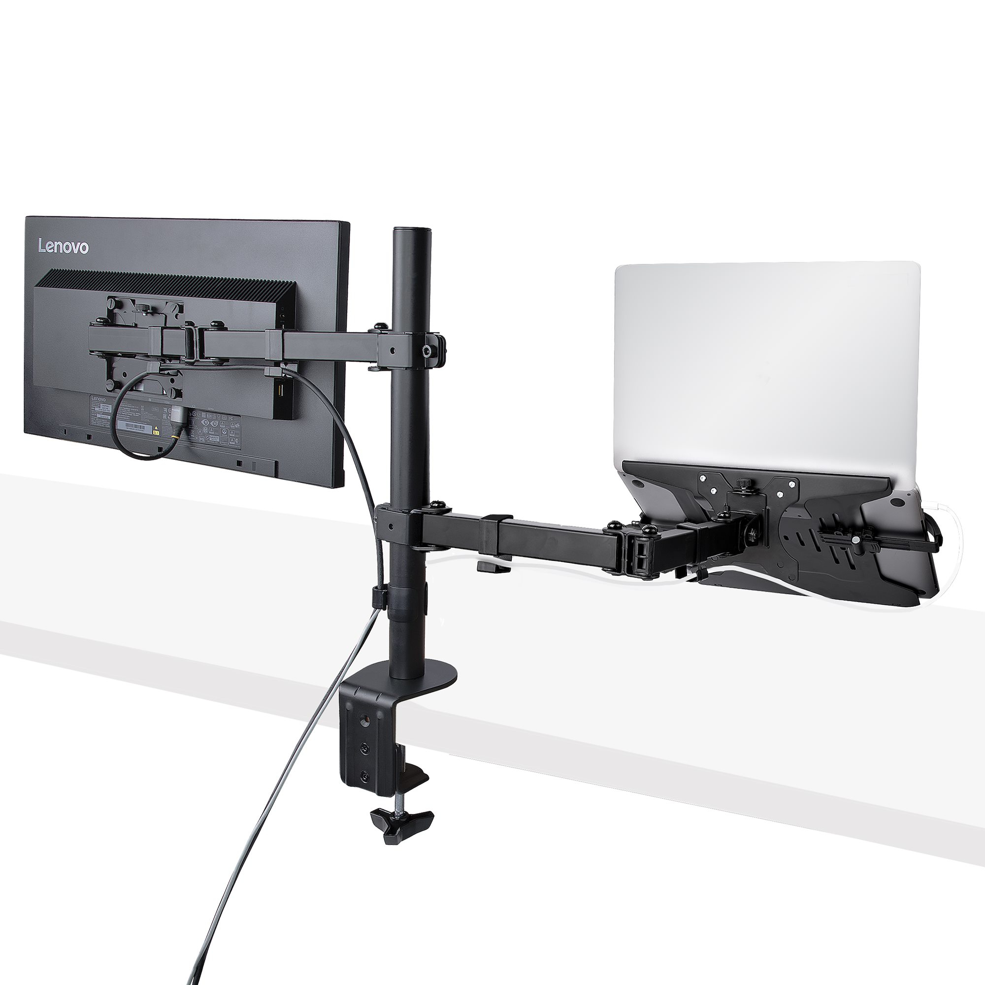 StarTech.com A2-LAPTOP-DESK-MOUNT  StarTech.com Monitor Arm with VESA  Laptop Tray, For a Laptop (4.5kg/9.9lb) and a Single Display up to 32  (8kg/17.6lb), Black, Vented Tray, Adjustable Laptop Arm Mount,  C-clamp/Grommet Mount