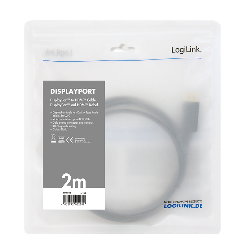 LogiLink CV0127 video cable adapter 2 m DisplayPort HDMI Type A (Standard) Black