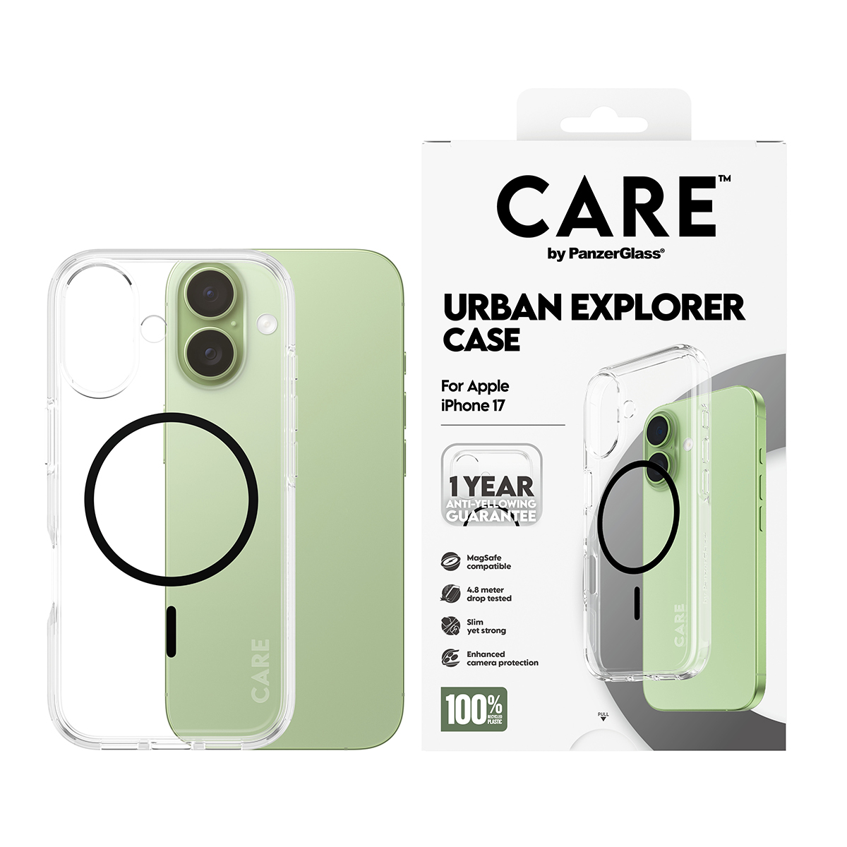 PanzerGlass CARE by � Flagship Case Transparent Urban Explorer w. Black MagSafe iPhone 17 custodia per cellulare Cover Trasparente