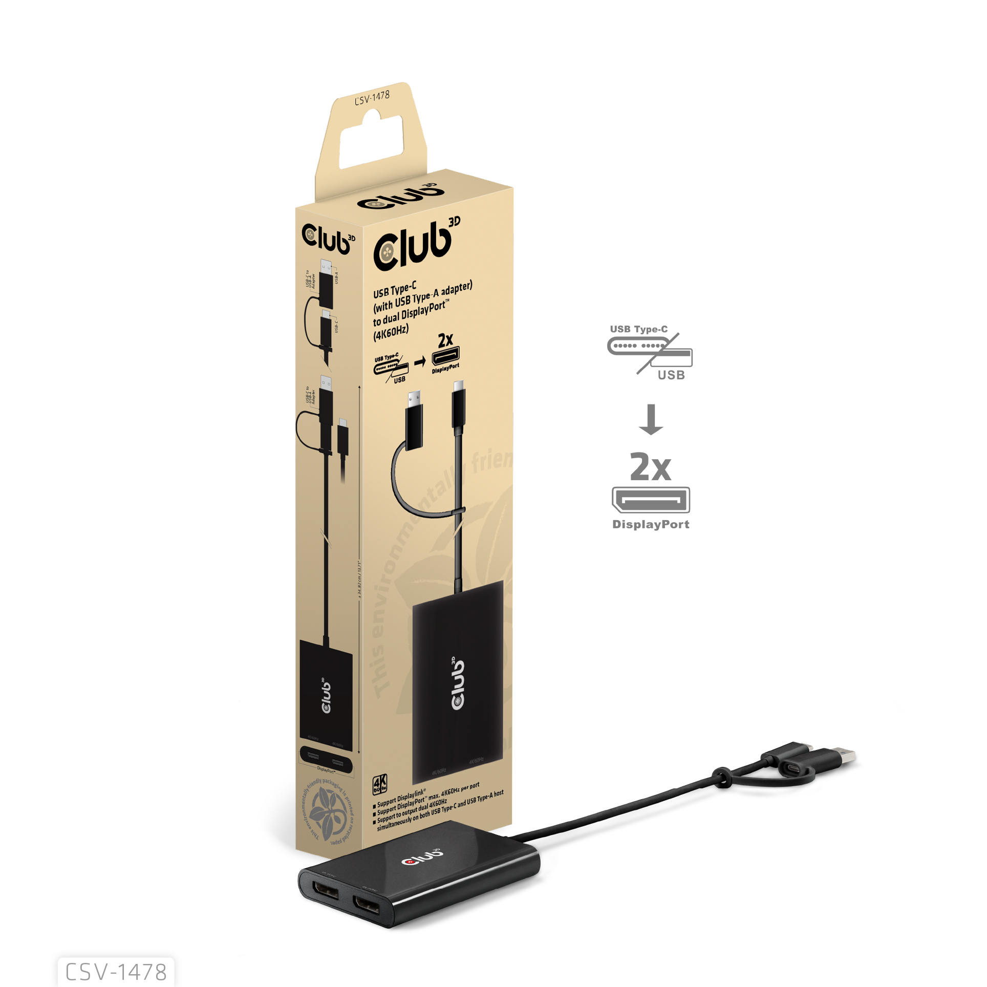 Club 3D USB Typ-C (mit USB Typ-A Adapter) dual DisplayPort (4K60Hz) Videosplitter