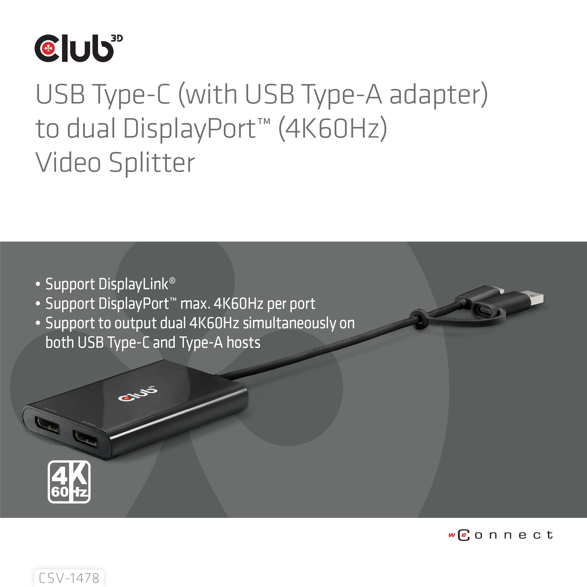 Club 3D USB Typ-C (mit USB Typ-A Adapter) dual DisplayPort (4K60Hz) Videosplitter