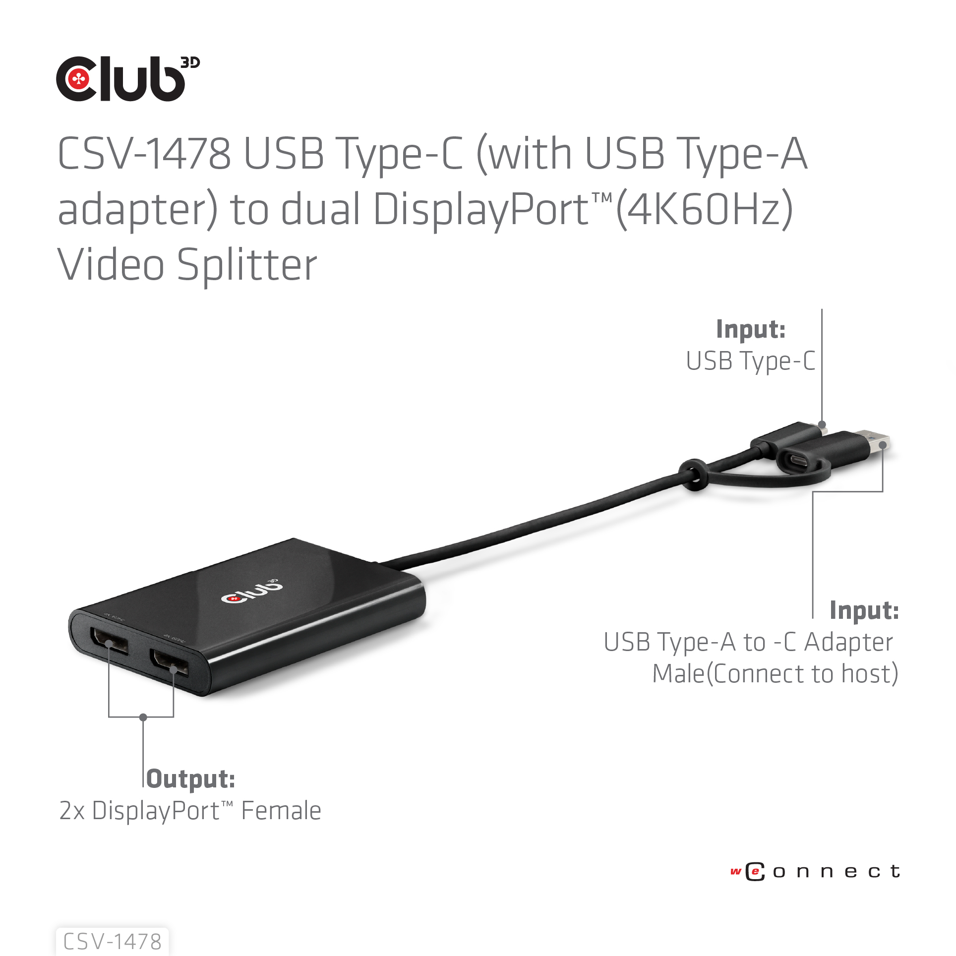 Club 3D USB Typ-C (mit USB Typ-A Adapter) dual DisplayPort (4K60Hz) Videosplitter