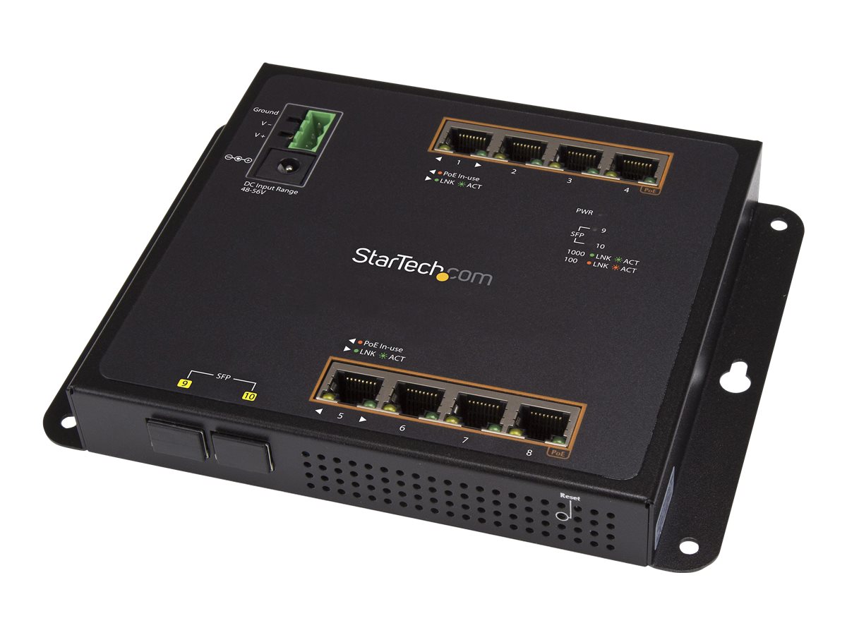 StarTech.com 8 Port PoE+ Gigabit Ethernet Switch plus 2 SFP Ports - Industrieller Managed Gigabit Switch - Wandmontage mit Front Zugriff - Switch - managed - 8 x 10/100/1000 (PoE+)