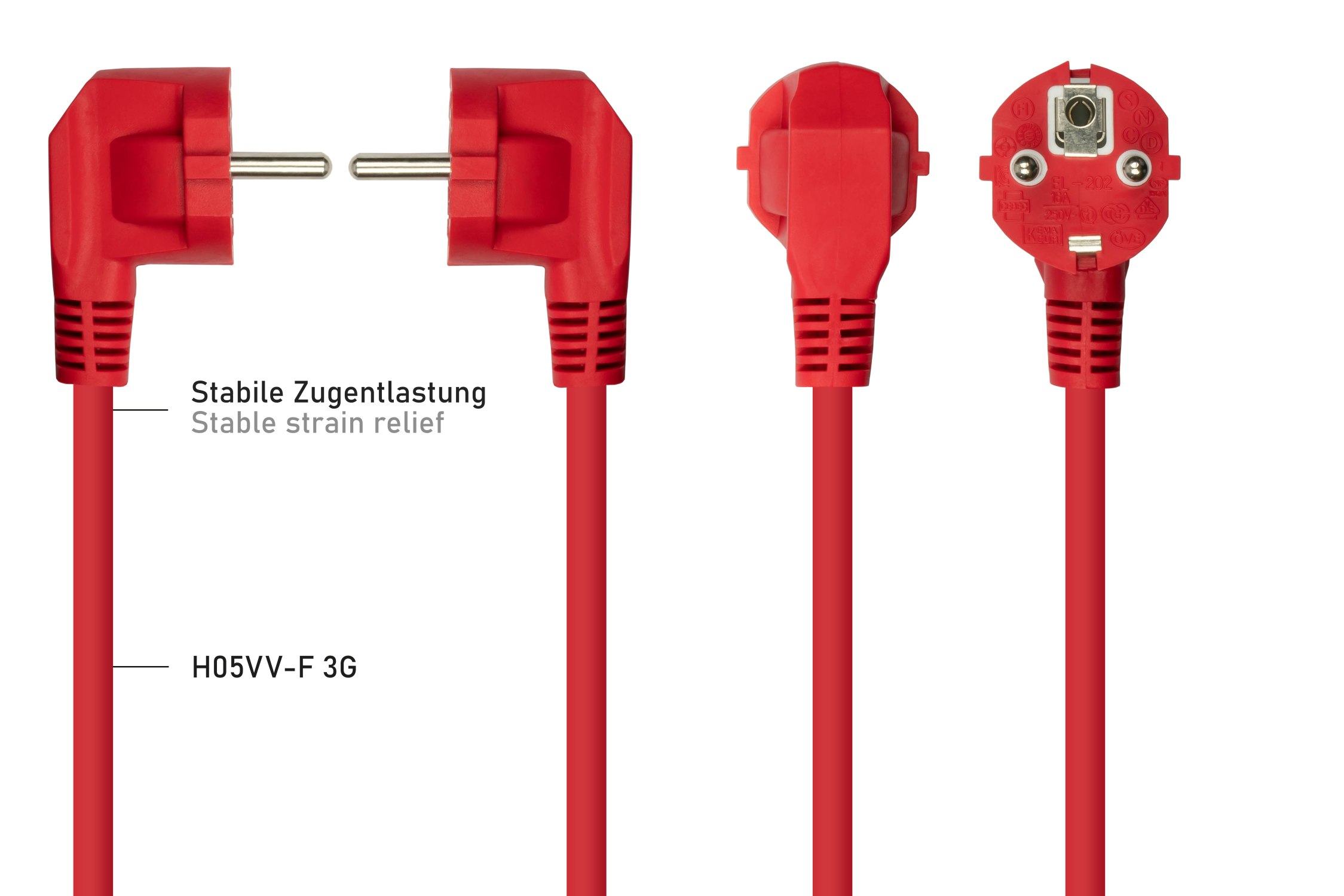 kabelmeister Netzkabel Schutzkontakt-Stecker Typ E+F (90 gew.) an Kaltgerte-Buchse C13, rot, 0,75