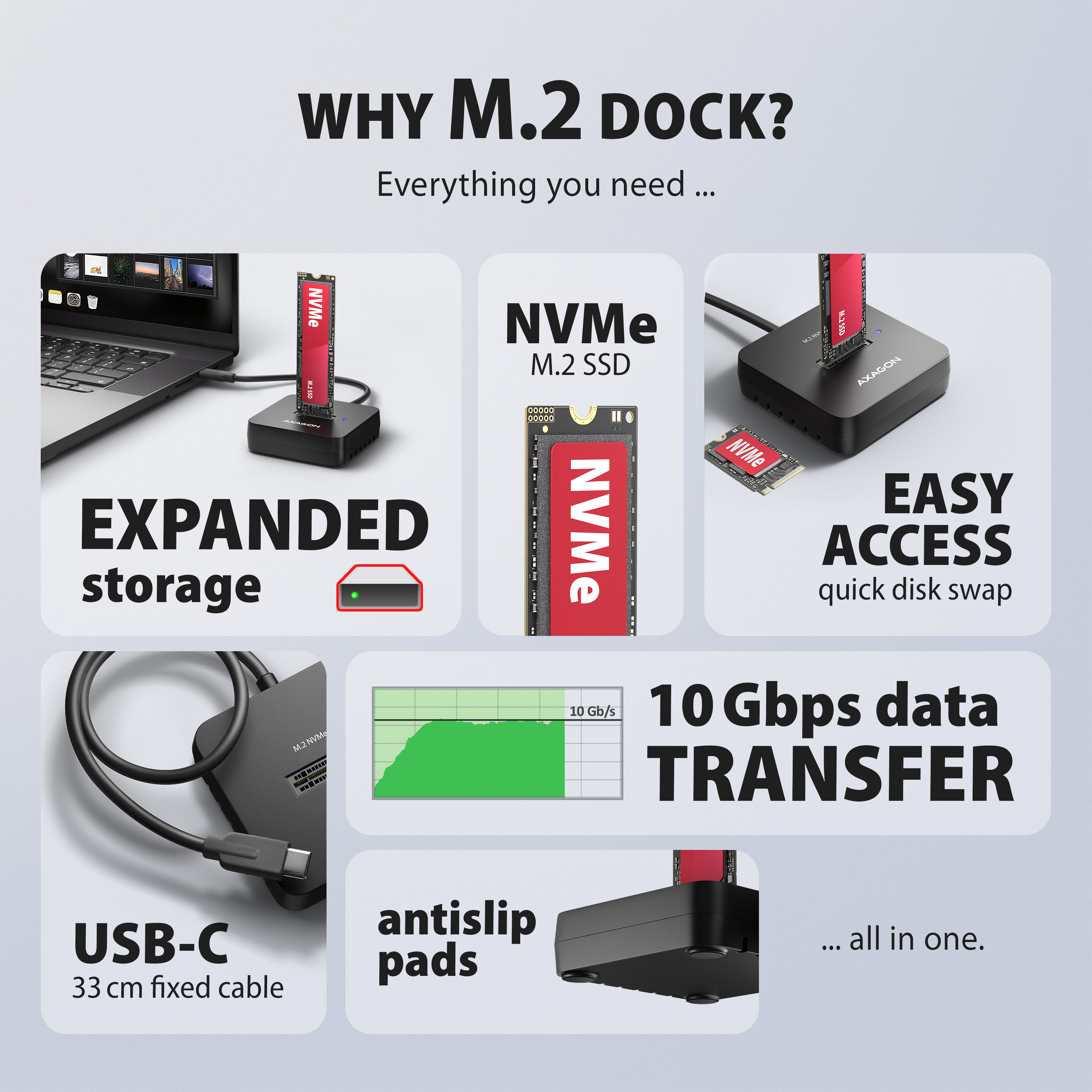 Axagon ADSA-M2C11L base de conexi�n para disco duro USB 3.2 Gen 2 (3.1 Gen 2) Type-C Negro