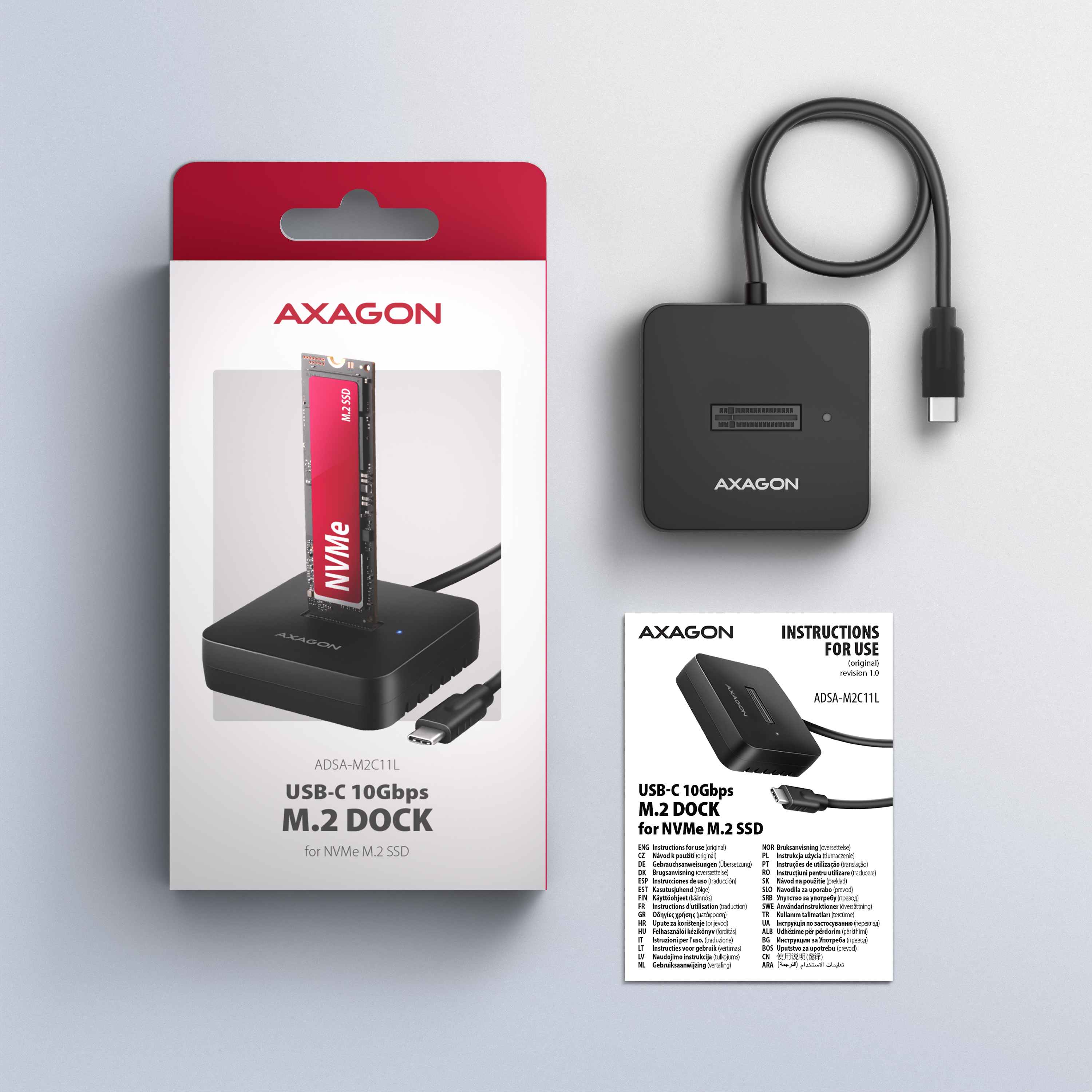 Axagon ADSA-M2C11L base de conexi�n para disco duro USB 3.2 Gen 2 (3.1 Gen 2) Type-C Negro