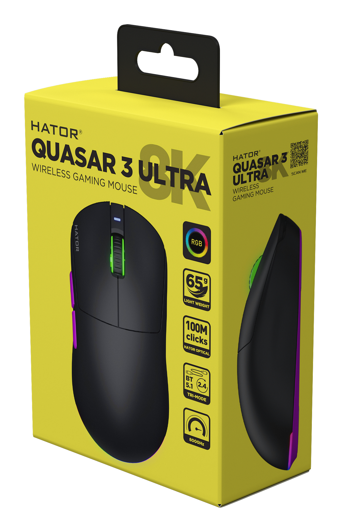 HATOR Quasar 3 Ultra 8K Wireless mouse Gaming Ambidestro RF Wireless + Bluetooth + USB Type-A Ottico 30000 DPI