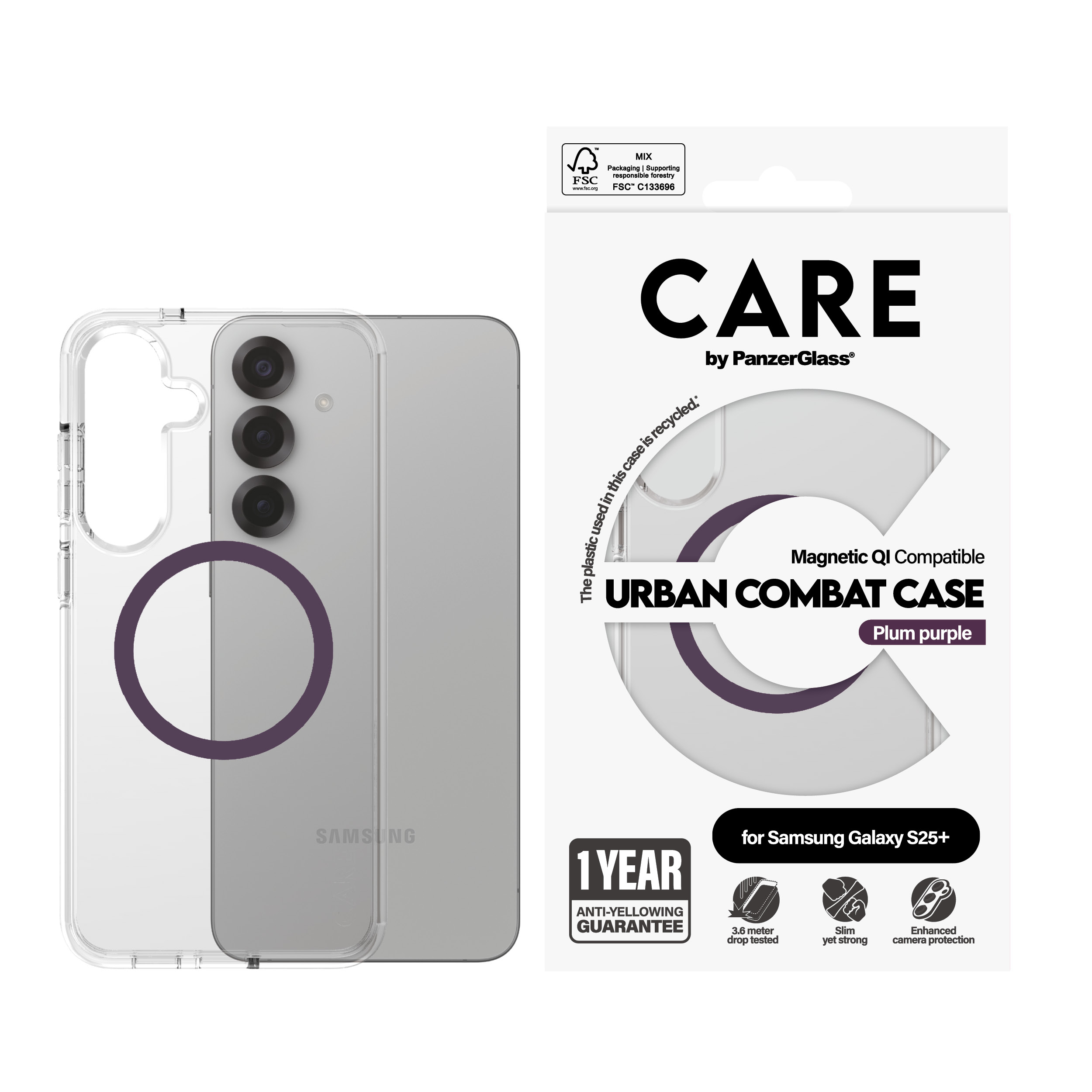 PanzerGlass CARE by � Flagship Case Transparent Urban Combat w. Plum Purple Qi Compatible Samsung Galaxy S25+