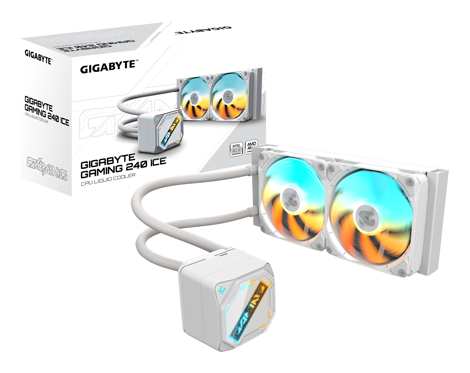 GIGABYTE GAMING 240 ICE Refroidisseur Liquide pour CPU - 2x120mm Ventilateurs ARGB, m�canisme d embo�tement coulissant, DAISY-CHAIN, Compatible Intel LGA 1851 et AMD AM5