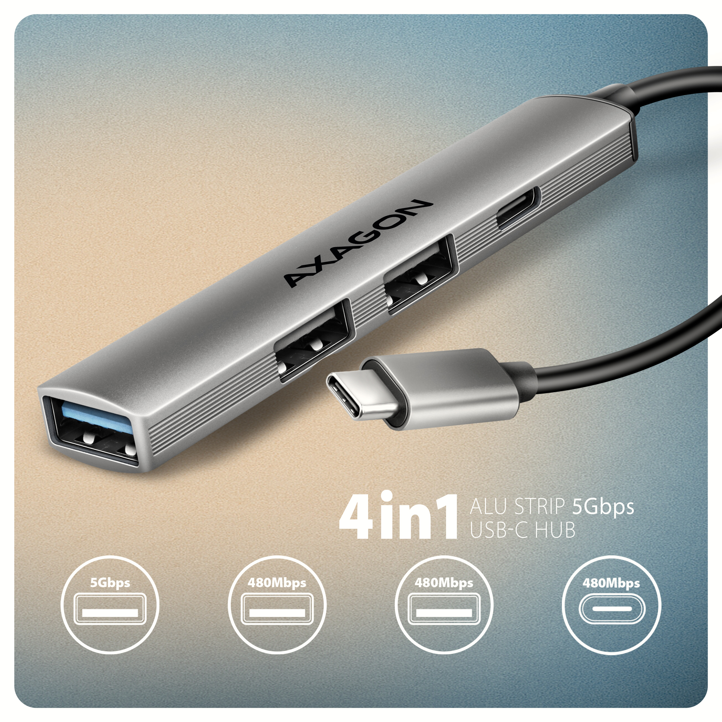 Axagon HUB USB HUE-STC, 4x USB ALU STRIP hub, 1x USB-A 5Gbps, 2x USB-A & 1x USB-C 480Mbps, kabel USB-C 12cm USB 3.2 Gen 1 (3.1 Gen 1) Type-C 5 Mbit/s Grey