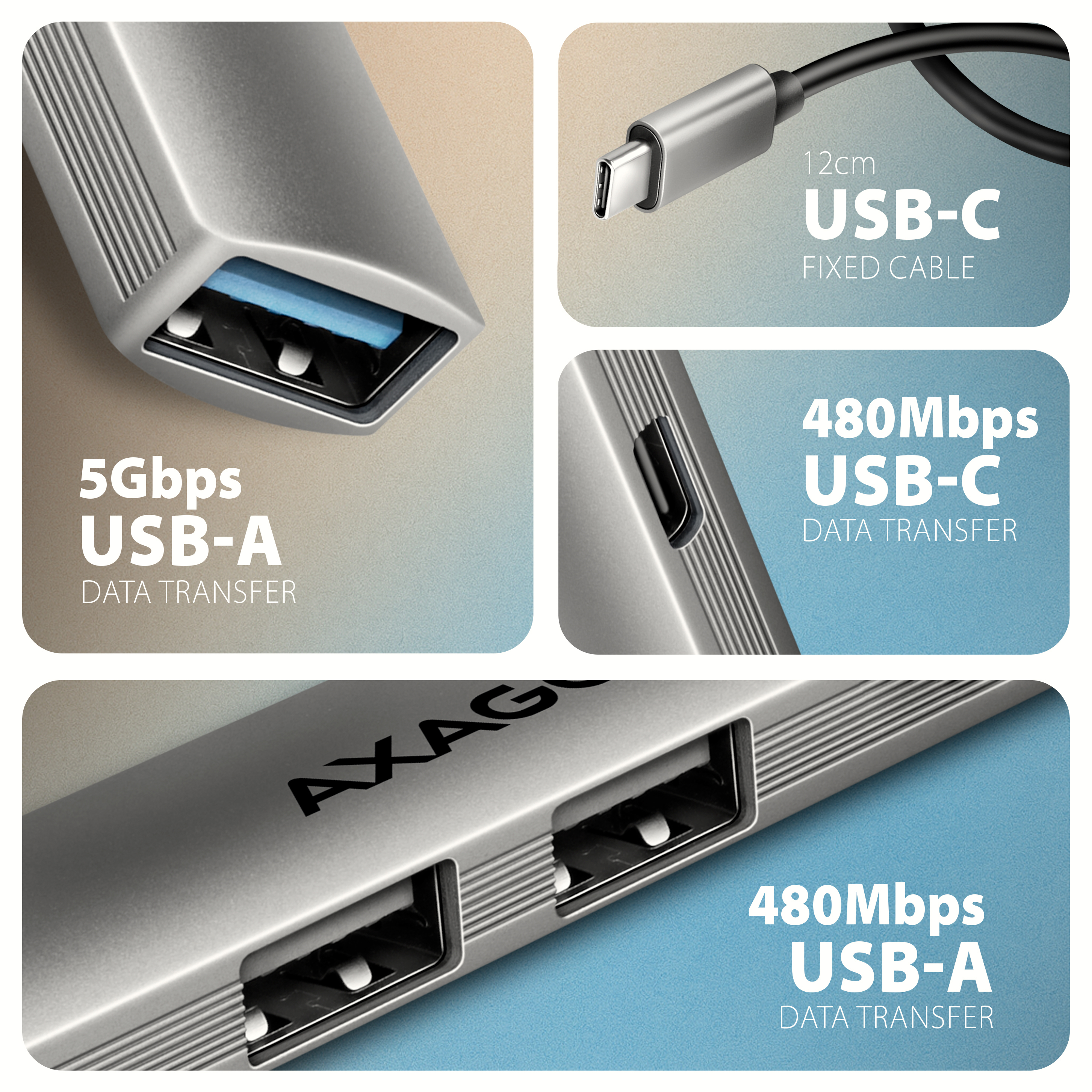 Axagon HUB USB HUE-STC, 4x USB ALU STRIP hub, 1x USB-A 5Gbps, 2x USB-A & 1x USB-C 480Mbps, kabel USB-C 12cm USB 3.2 Gen 1 (3.1 Gen 1) Type-C 5 Mbit/s Grey