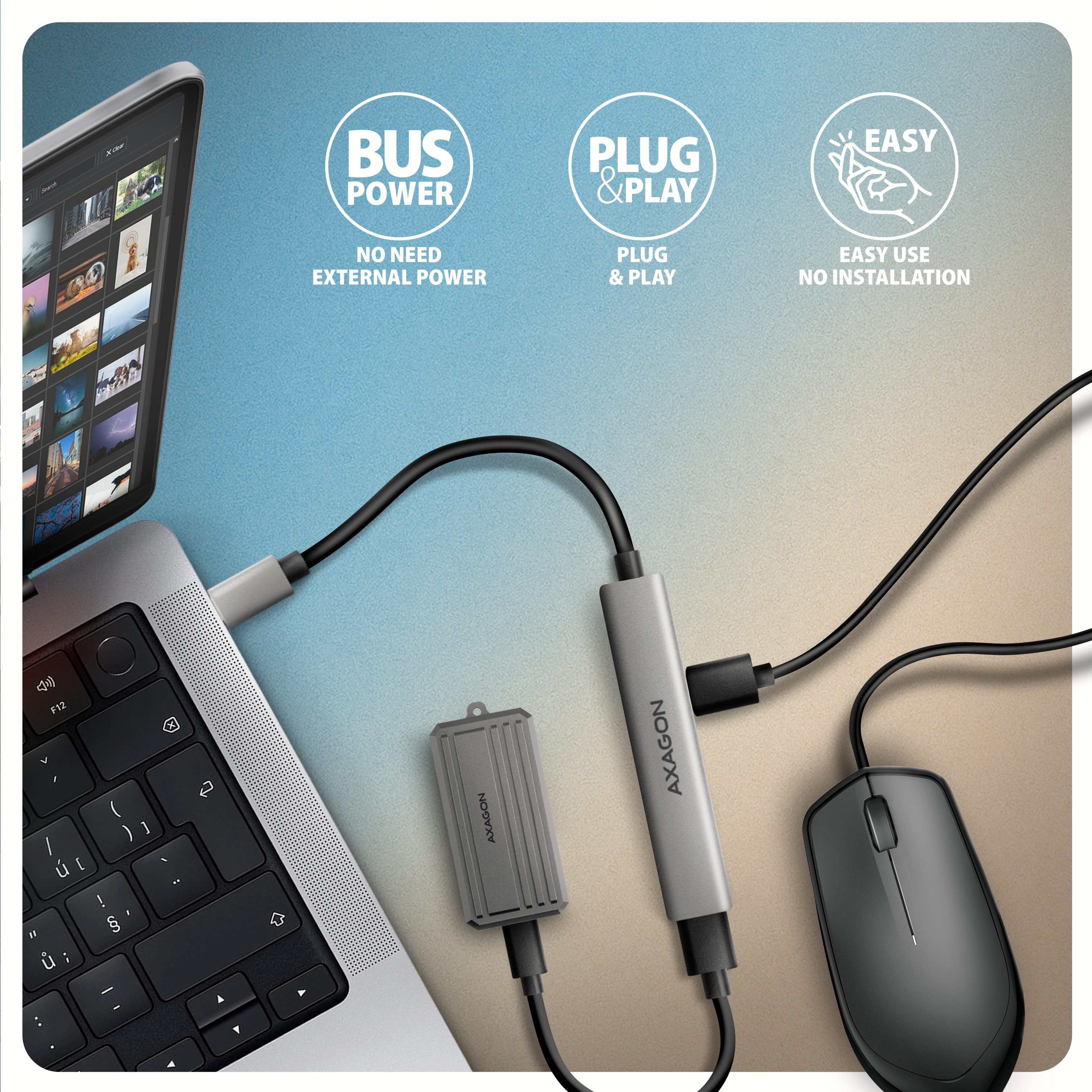 Axagon HUB USB HUE-STC, 4x USB ALU STRIP hub, 1x USB-A 5Gbps, 2x USB-A & 1x USB-C 480Mbps, kabel USB-C 12cm USB 3.2 Gen 1 (3.1 Gen 1) Type-C 5 Mbit/s Grey