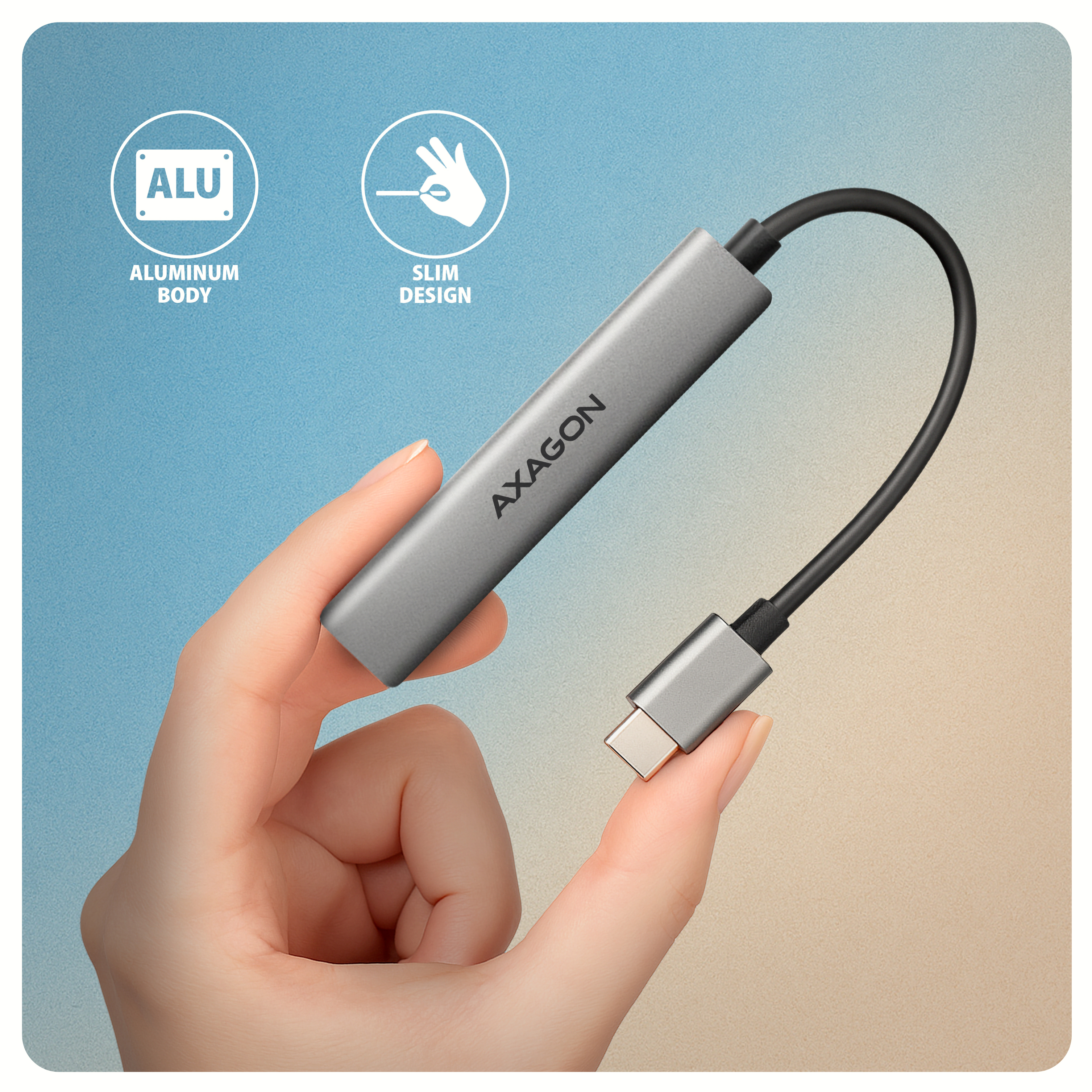 Axagon HUB USB HUE-STC, 4x USB ALU STRIP hub, 1x USB-A 5Gbps, 2x USB-A & 1x USB-C 480Mbps, kabel USB-C 12cm USB 3.2 Gen 1 (3.1 Gen 1) Type-C 5 Mbit/s Grey
