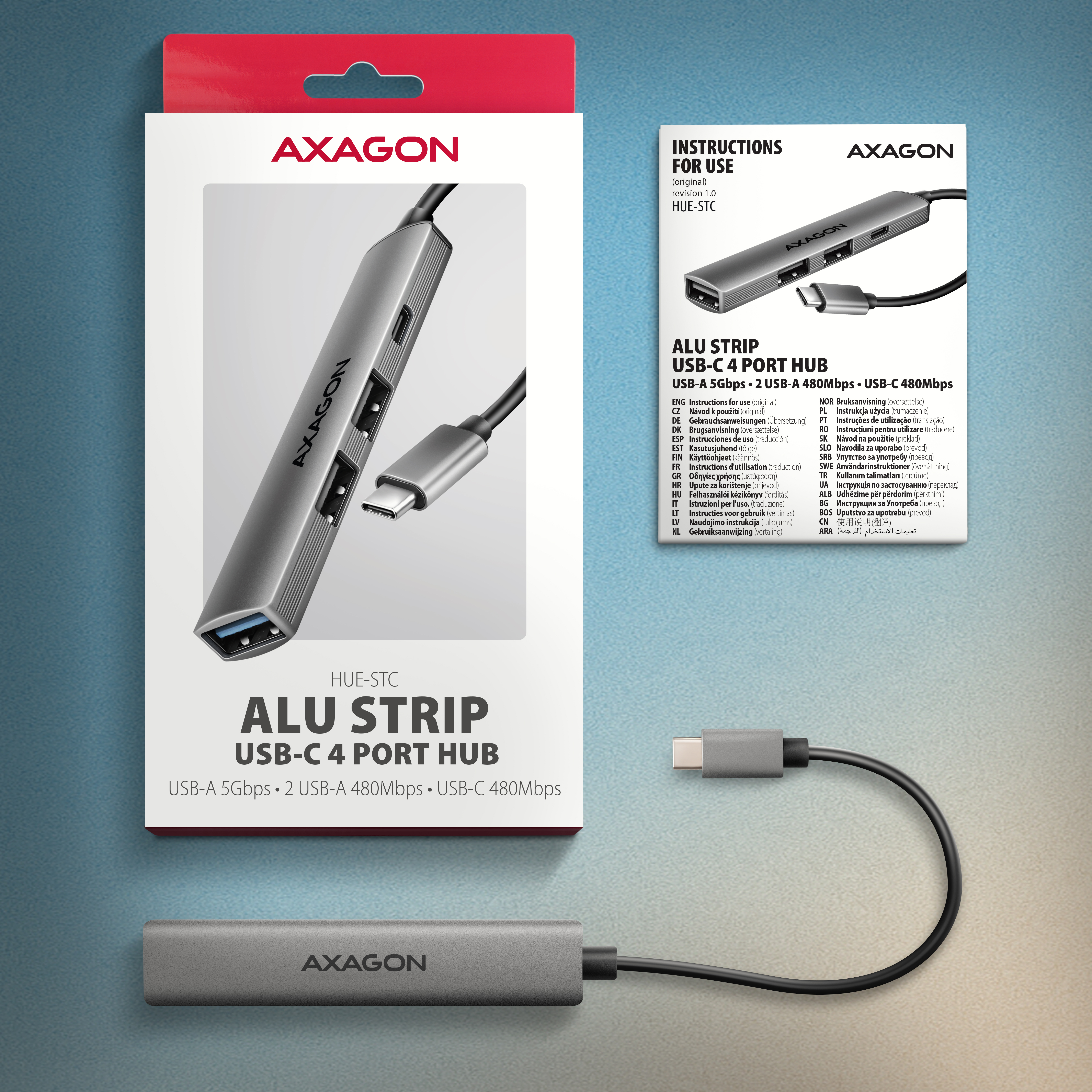 Axagon HUB USB HUE-STC, 4x USB ALU STRIP hub, 1x USB-A 5Gbps, 2x USB-A & 1x USB-C 480Mbps, kabel USB-C 12cm USB 3.2 Gen 1 (3.1 Gen 1) Type-C 5 Mbit/s Grey