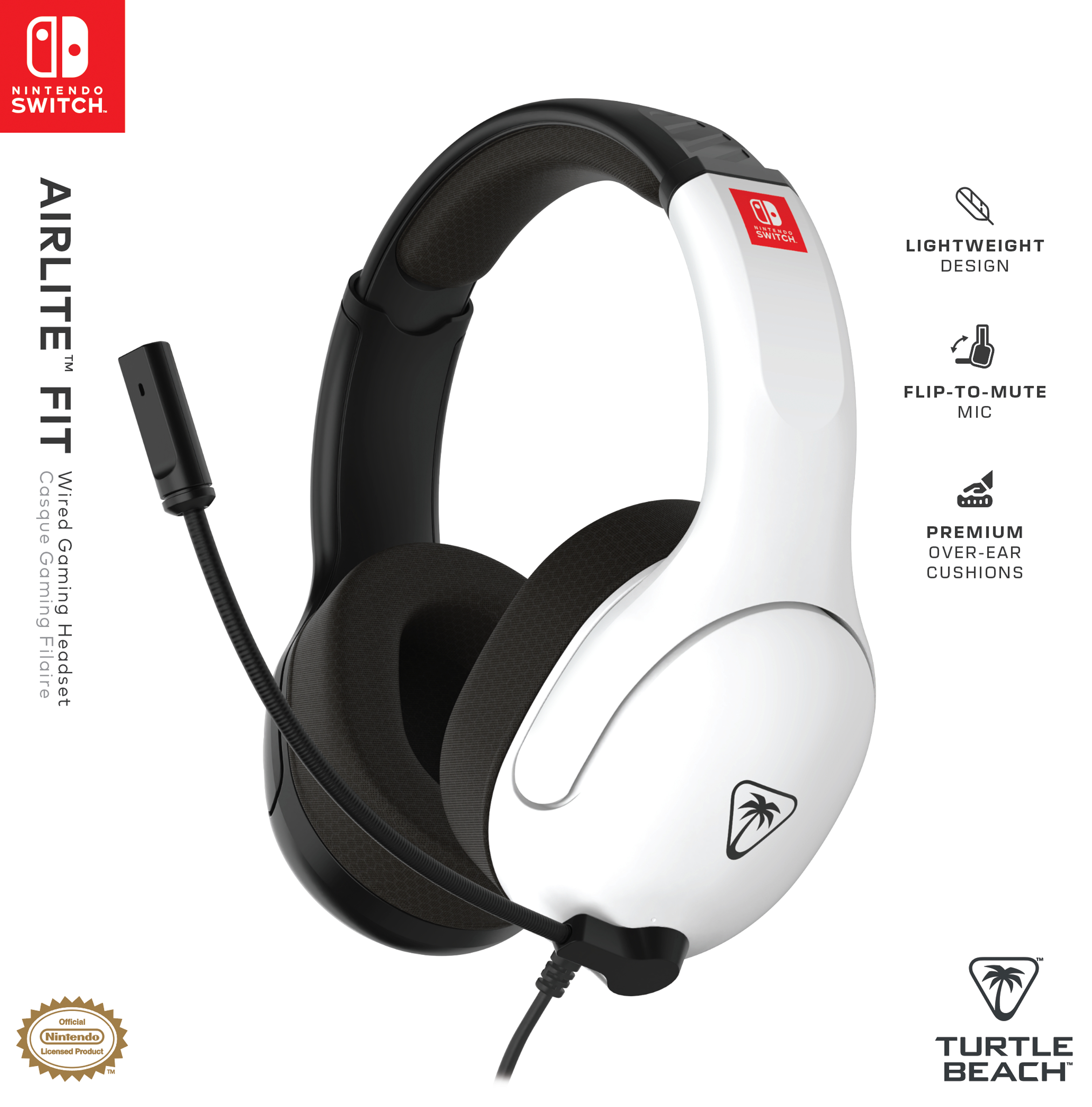 Turtle Beach Airlite Fit Black and White Wired Gaming Headset with Flip-to-Mute Mic, Over-Ear Premium Comfort and 40mm Speakers. Officially Licensed for Nintendo Switch