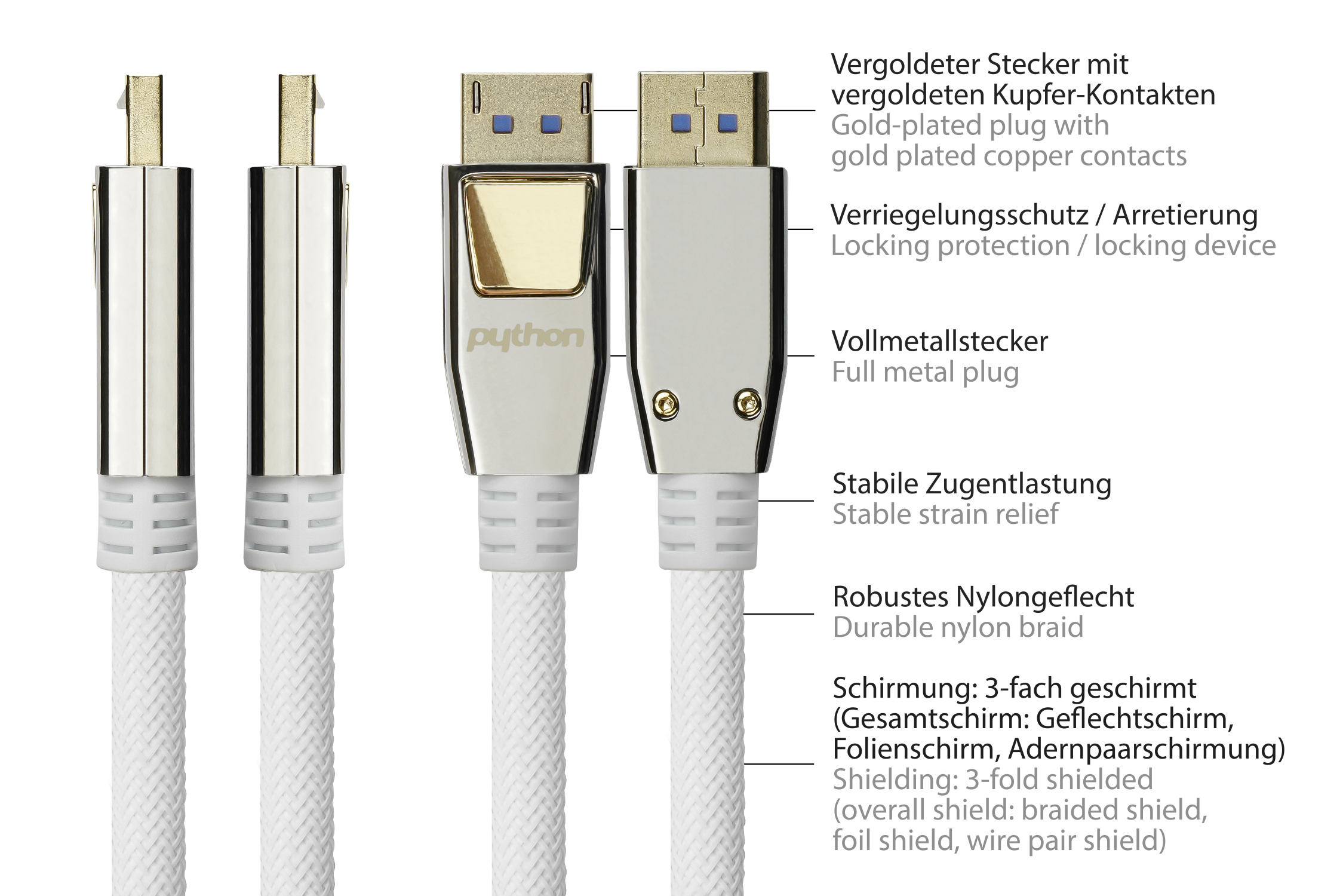 PREMIUM DisplayPort 2.0 Kabel, 54 Gbit/s, UHBR 13.5, 4K @240Hz / 8K @60Hz, Vollmetallstecker, Kupfer