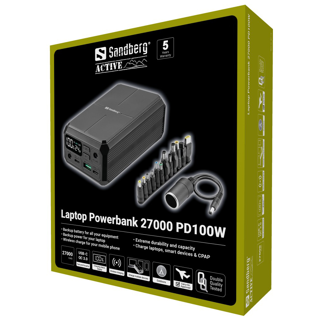 Sandberg Laptop Powerbank 27000 PD100W 27000 mAh Recharge sans fil Noir