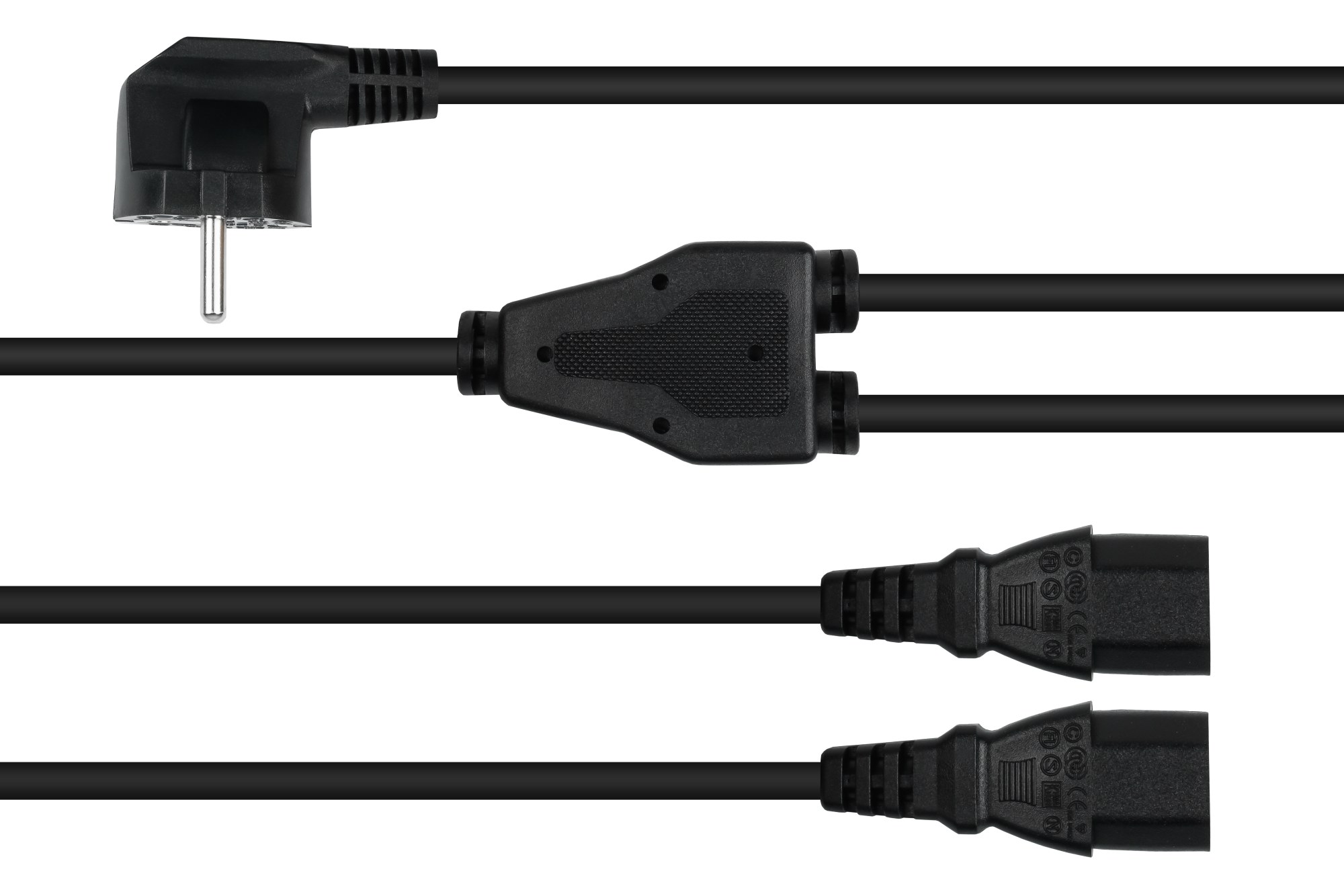 kabelmeister Y-Netzkabel Schutzkontakt-Stecker Typ E+F (CEE 7/7, gewinkelt) an 2x Buchse C13, schwa