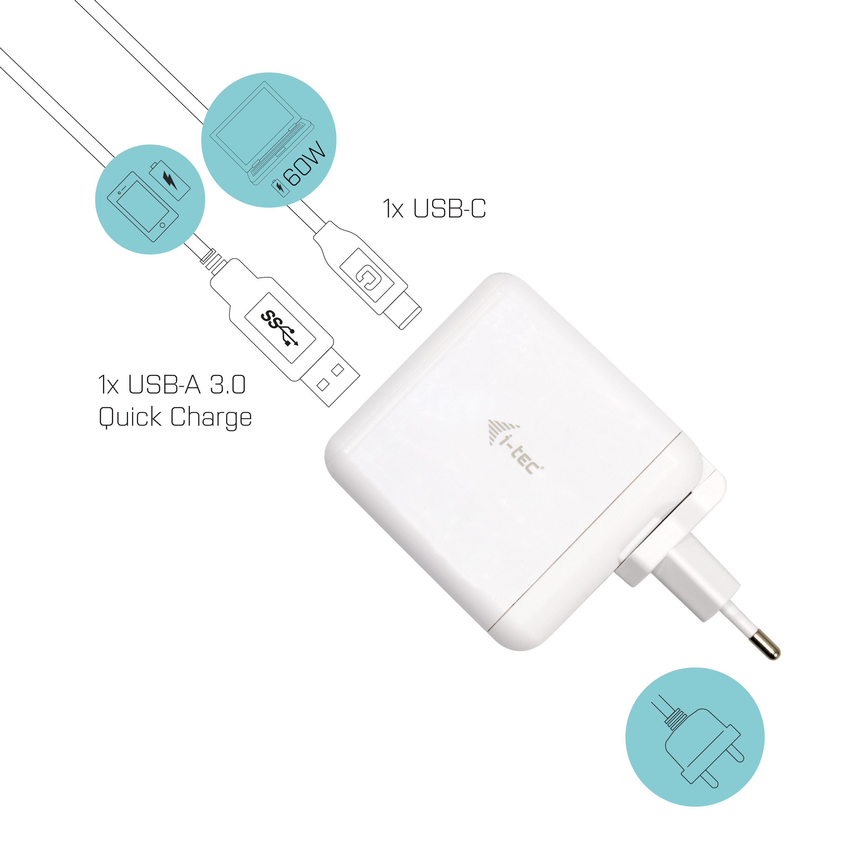 i-tec USB-C Travel Charger - Netzteil - 60 Watt - 3 A - QC 3.0 - 2 Ausgabeanschlussstellen (USB, 24 pin USB-C)