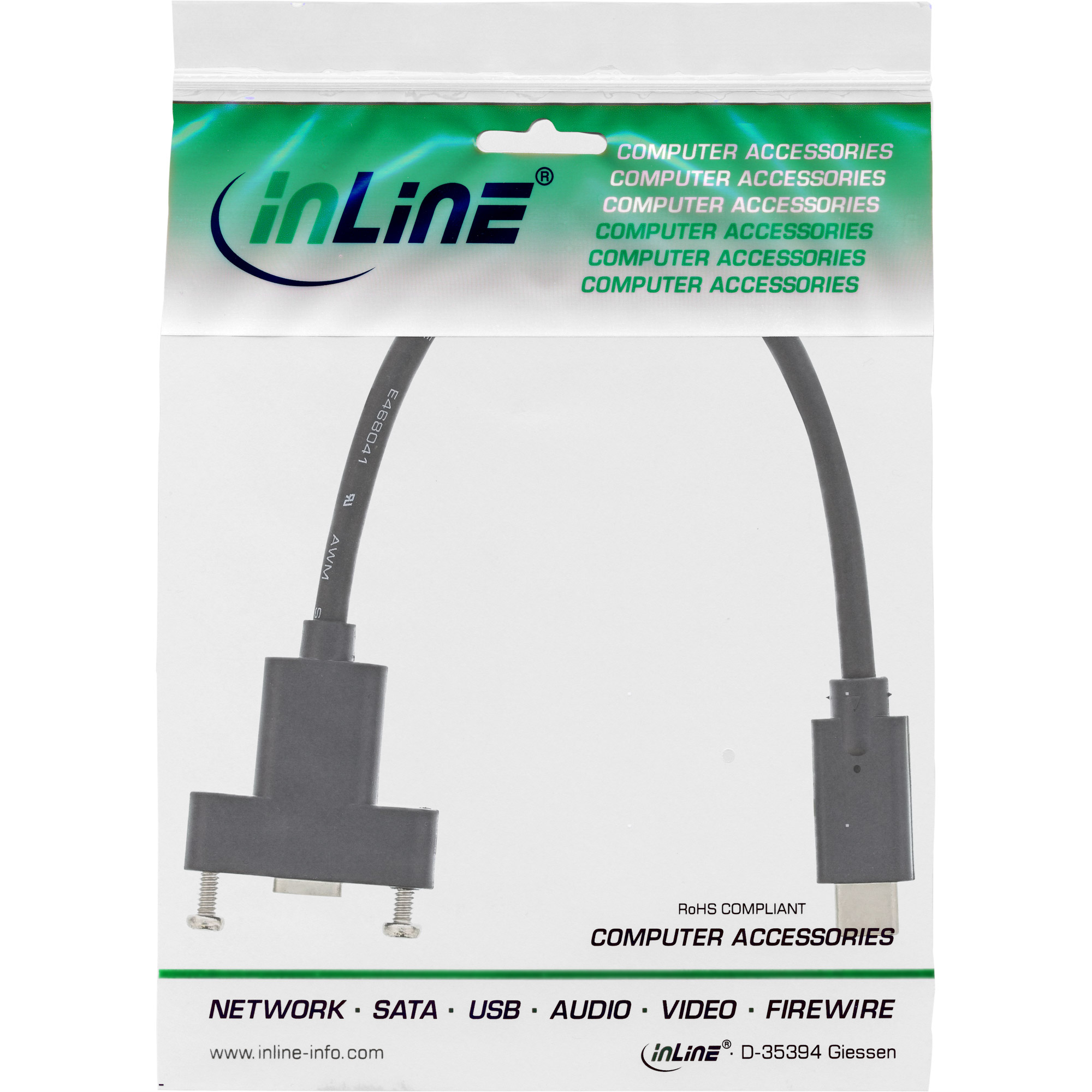 InLine USB 3.2 Gen.2 C male / female with flange cable, black, 0.20m