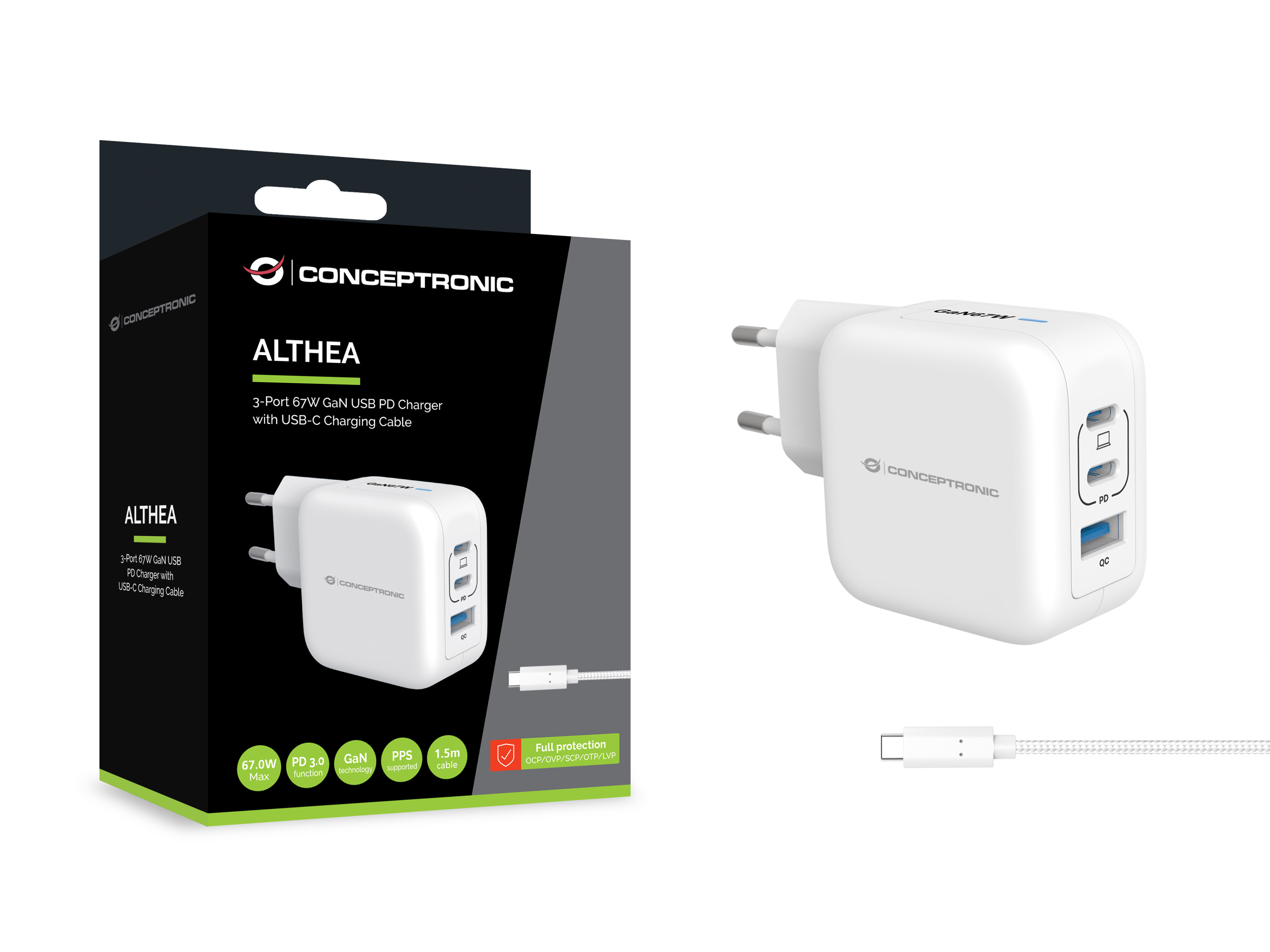 Conceptronic 3-Port 67W GaN USB PD Charger with USB-C Charging Cable, USB-C x 2, USB-A x 1, QC 3.0, PPS