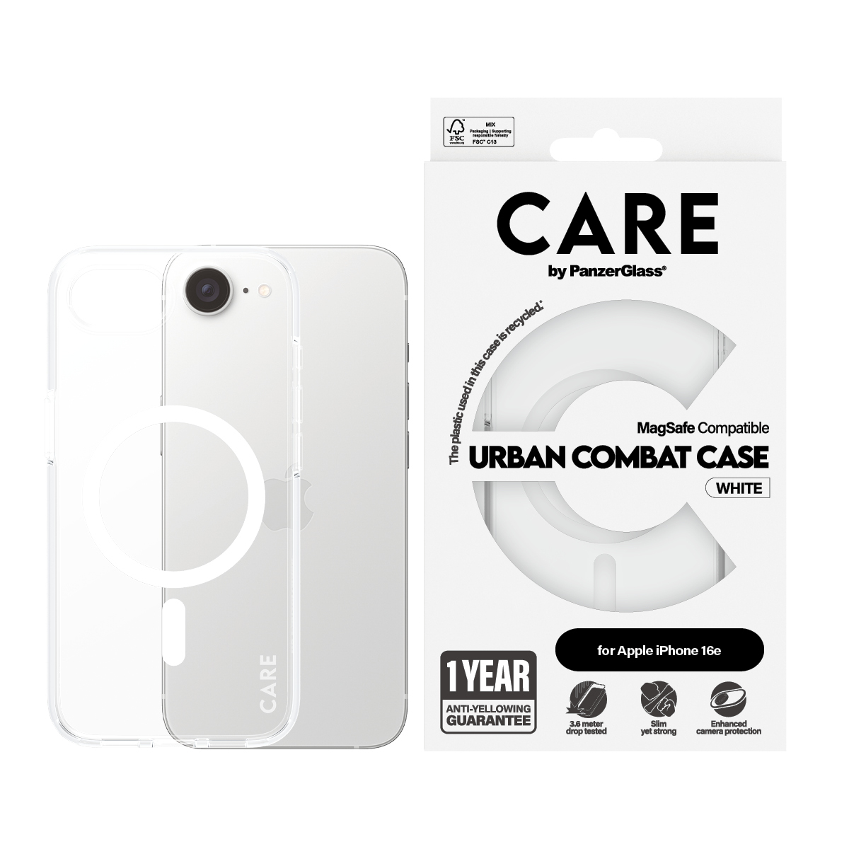PanzerGlass CARE by � Flagship Case Transparent Urban Combat w. White Qi Compatible iPhone 16e