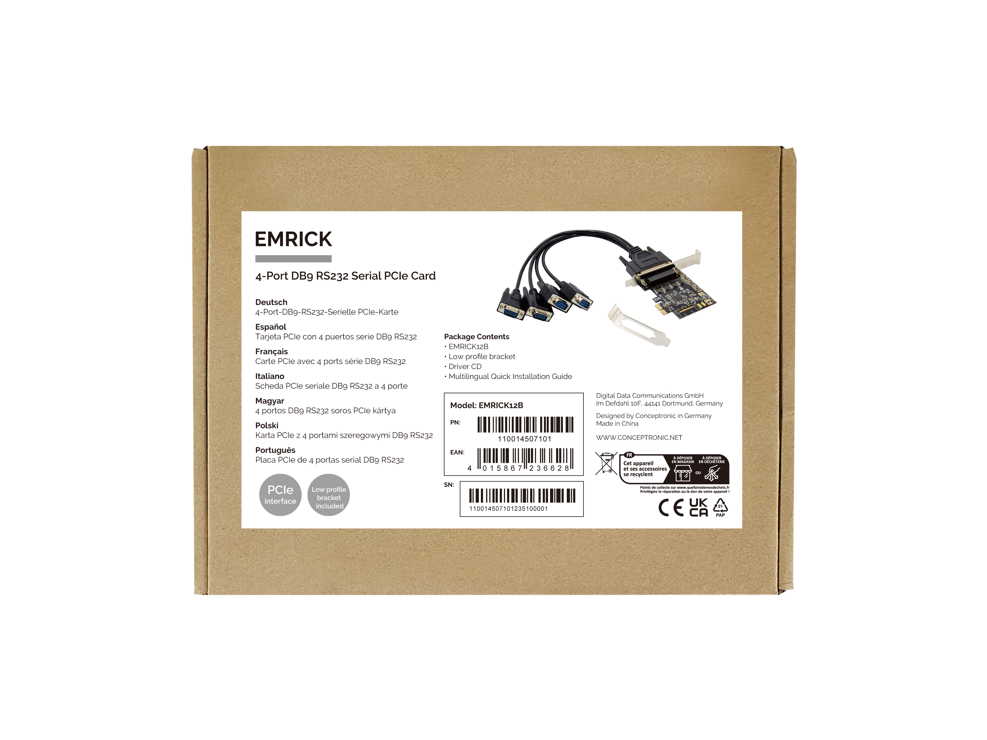 Conceptronic 4-Port DB9 RS232 Serial PCIe Card