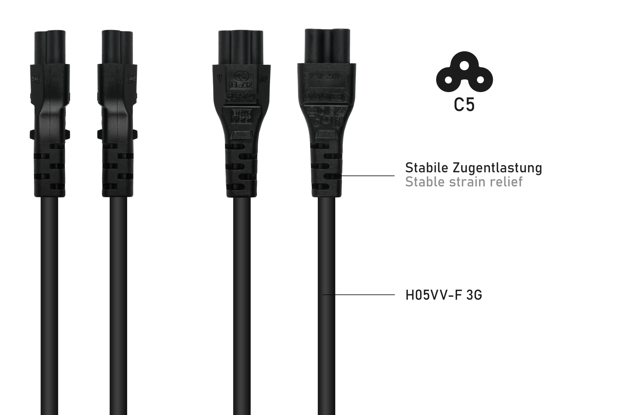 kabelmeister Netzkabel Italien Netz-Stecker Typ I (CEI 23-16) an Kleeblatt-Buchse C5, schwarz, 0,75