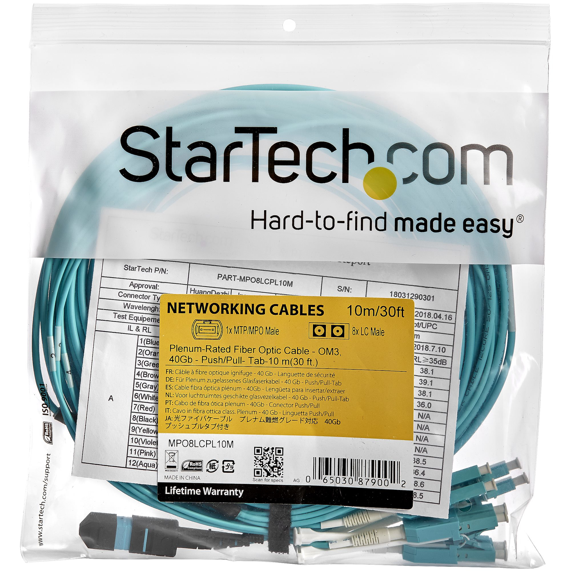 StarTech.com 10m (30ft) MTP(F)/PC to 4x LC/PC Duplex Breakout OM3 Multimode Fiber Optic Cable, OFNP, 8F Type-A, 50/125�m LOMMF, 40G Networks, Low Insertion Loss, MPO to LC Fiber Patch Cord