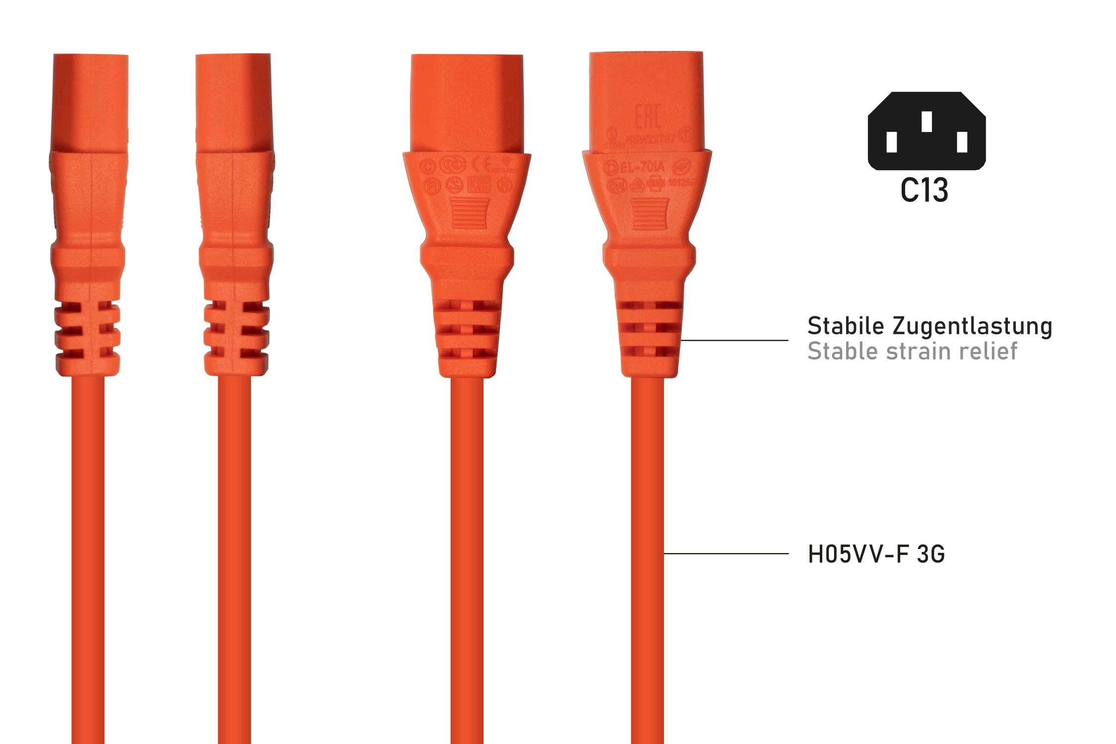 kabelmeister Netzkabel Schutzkontakt-Stecker Typ E+F (90 gew.) an Kaltgerte-Buchse C13, orange, 0