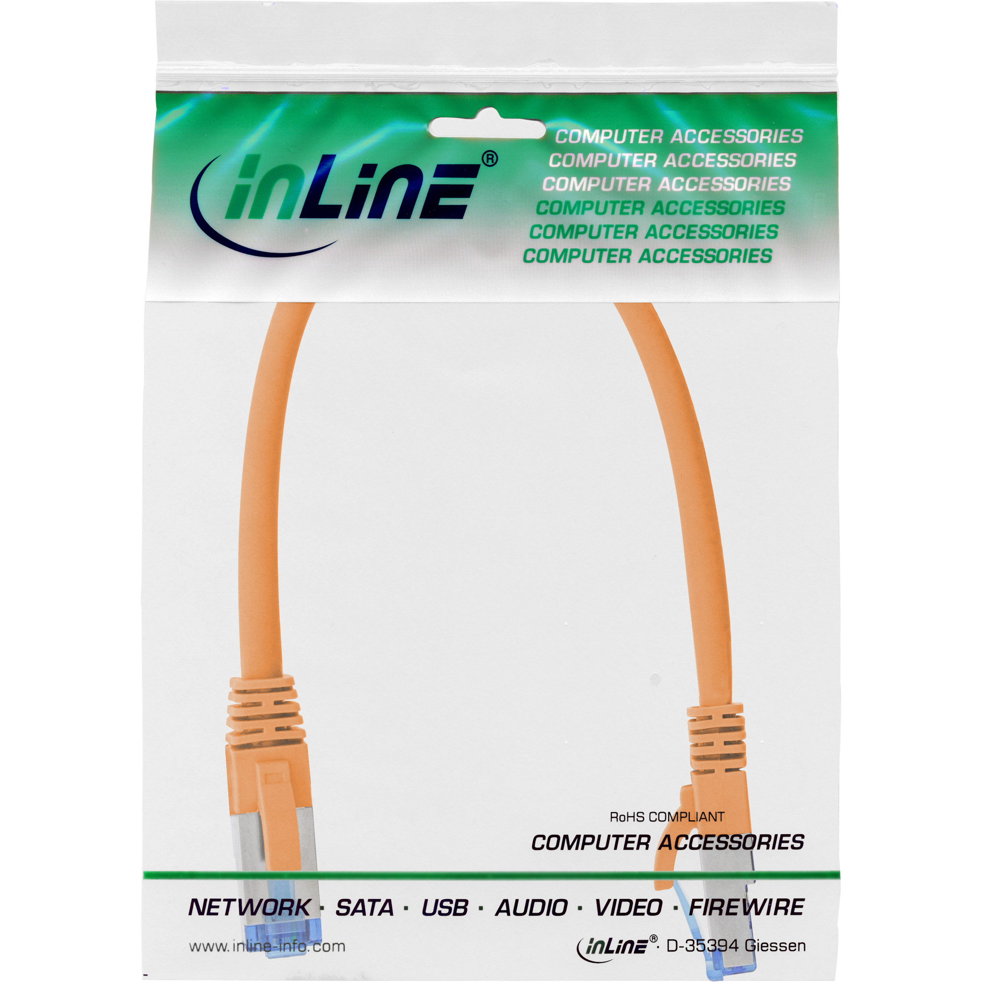 InLine Patch Cable S/FTP PiMF Cat.6A halogen free 500MHz orange 0.3m