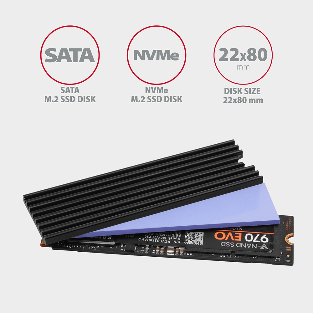 Axagon CLR-M2L3 syst�me de refroidissement d ordinateur M.2 NVMe SSD, Disque �lectronique Dissipateur thermique/Radiateur Noir 1 pi�ce(s)