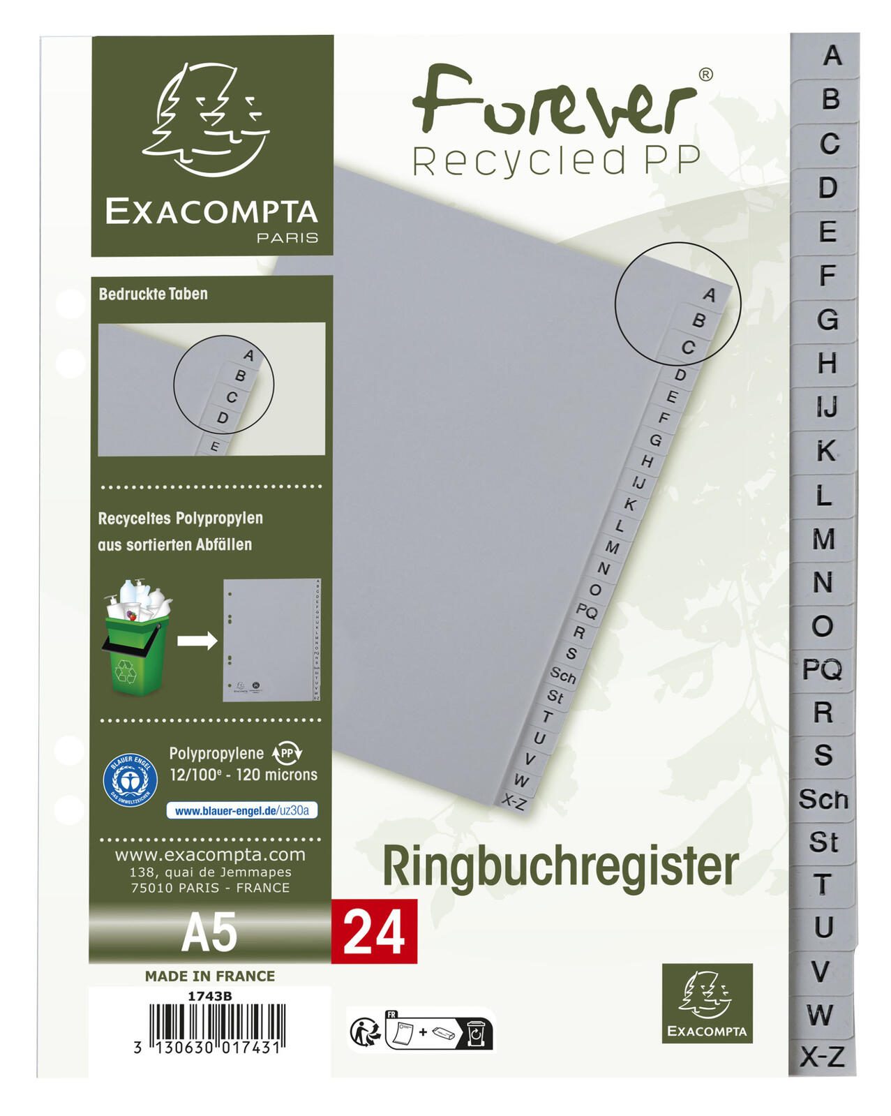 Exacompta Ordnerregister Halbformat A-Z grau 24-teilig 1 Satz